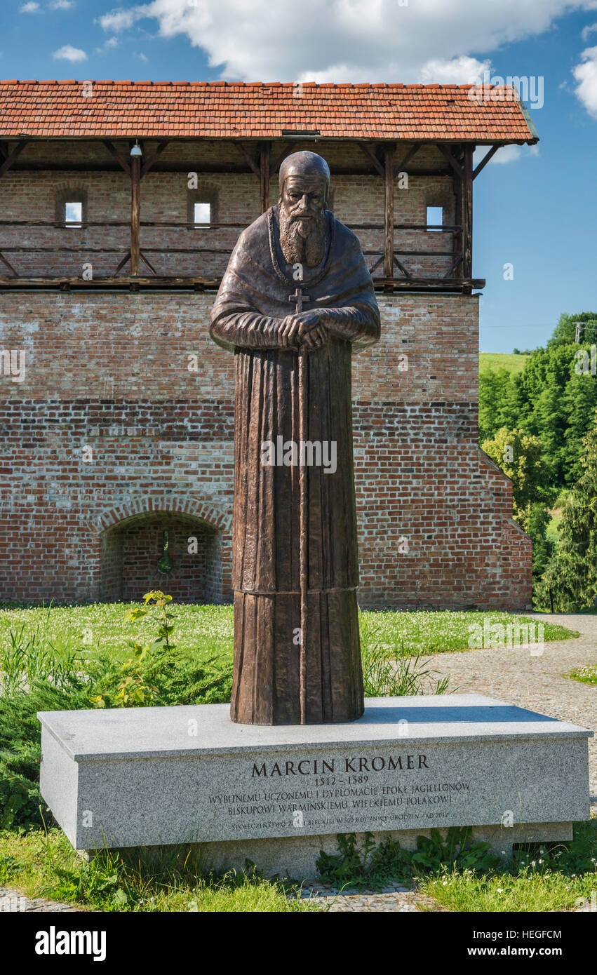 Marcin Kromer statue, unveiled in 2012, medieval defensive wall, in Biecz, Malopolska, Poland Stock Photo