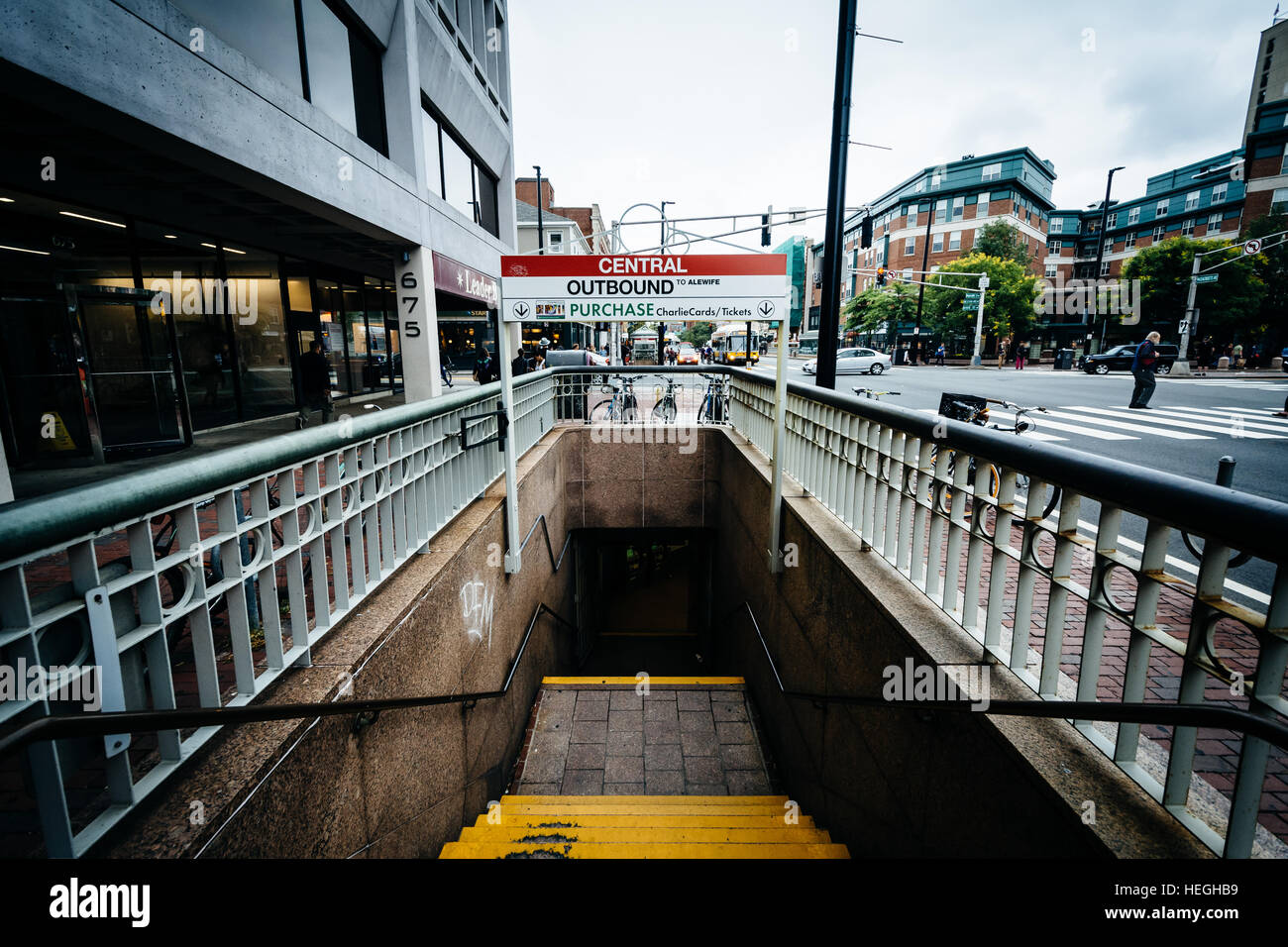 Staircase to the T at Central Square, in Cambridge, Massachusetts Stock
