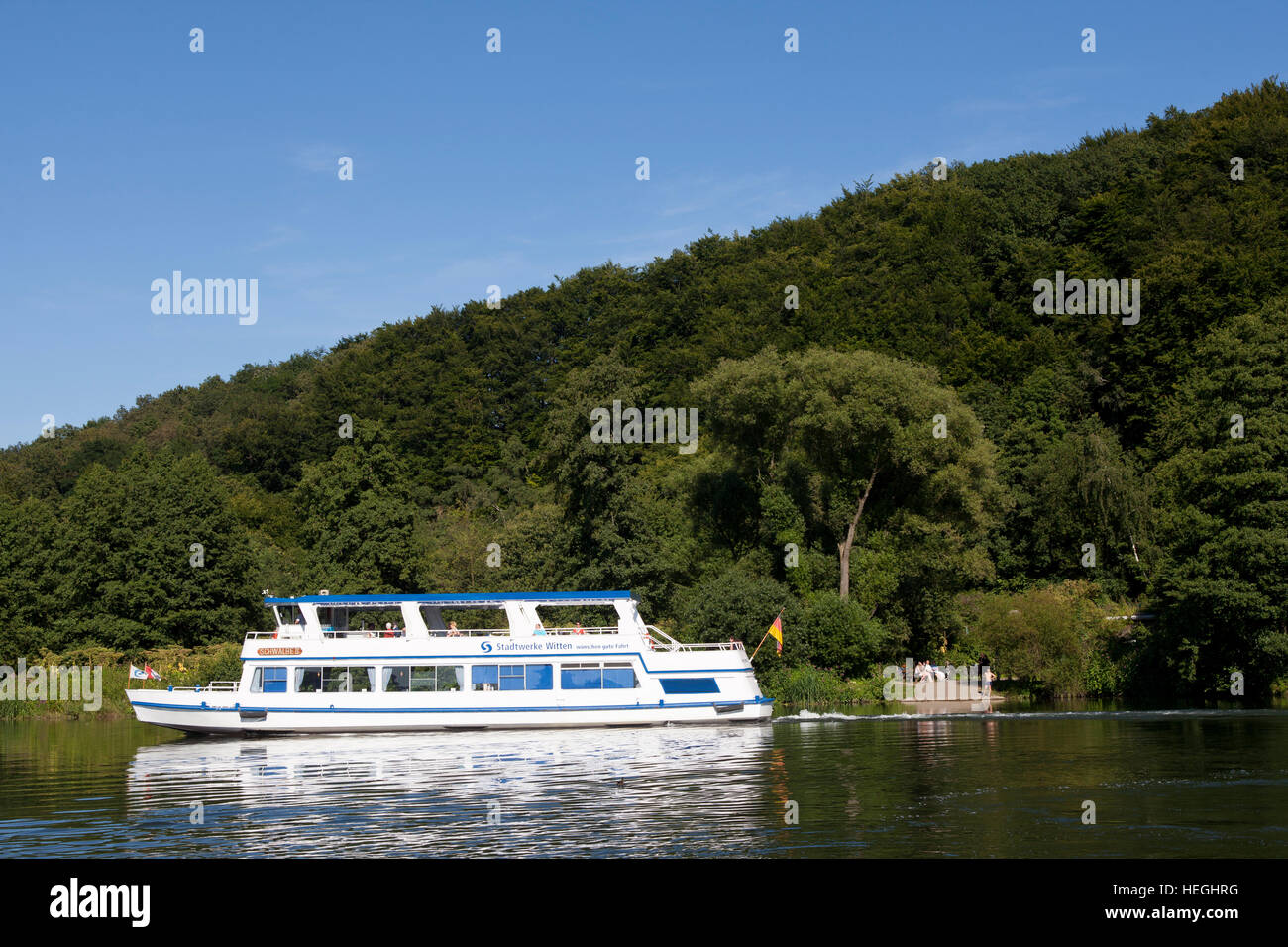 Germany, Witten, excursion boat MS Schwalbe on the river Ruhr in Witten-Herbede. Stock Photo