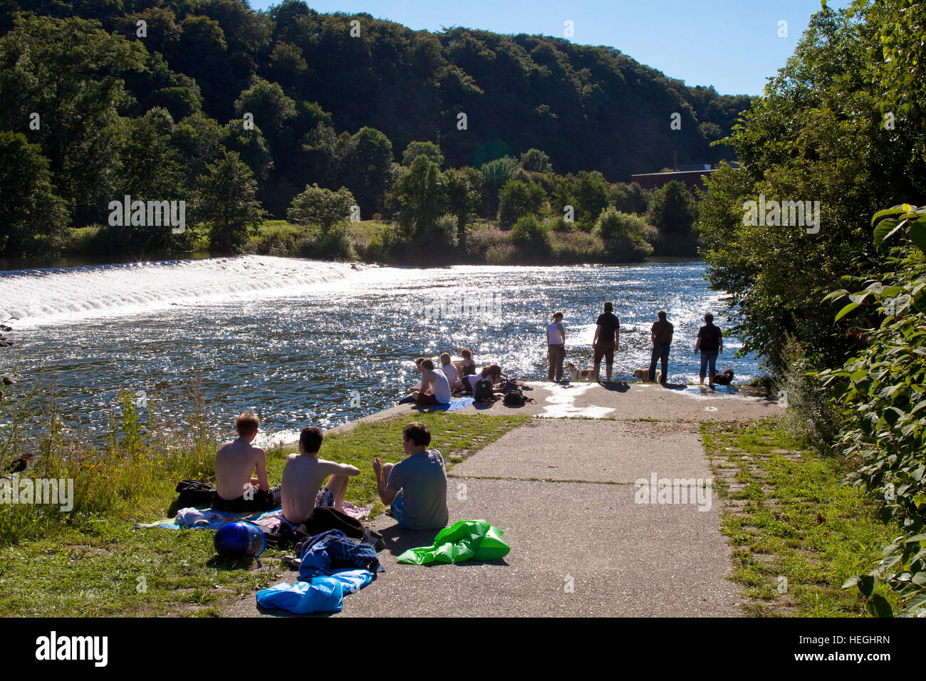 Europe, Germany, Ruhr Area, Witten, river Ruhr, at the spillway at the sluice in Herbede. Stock Photo