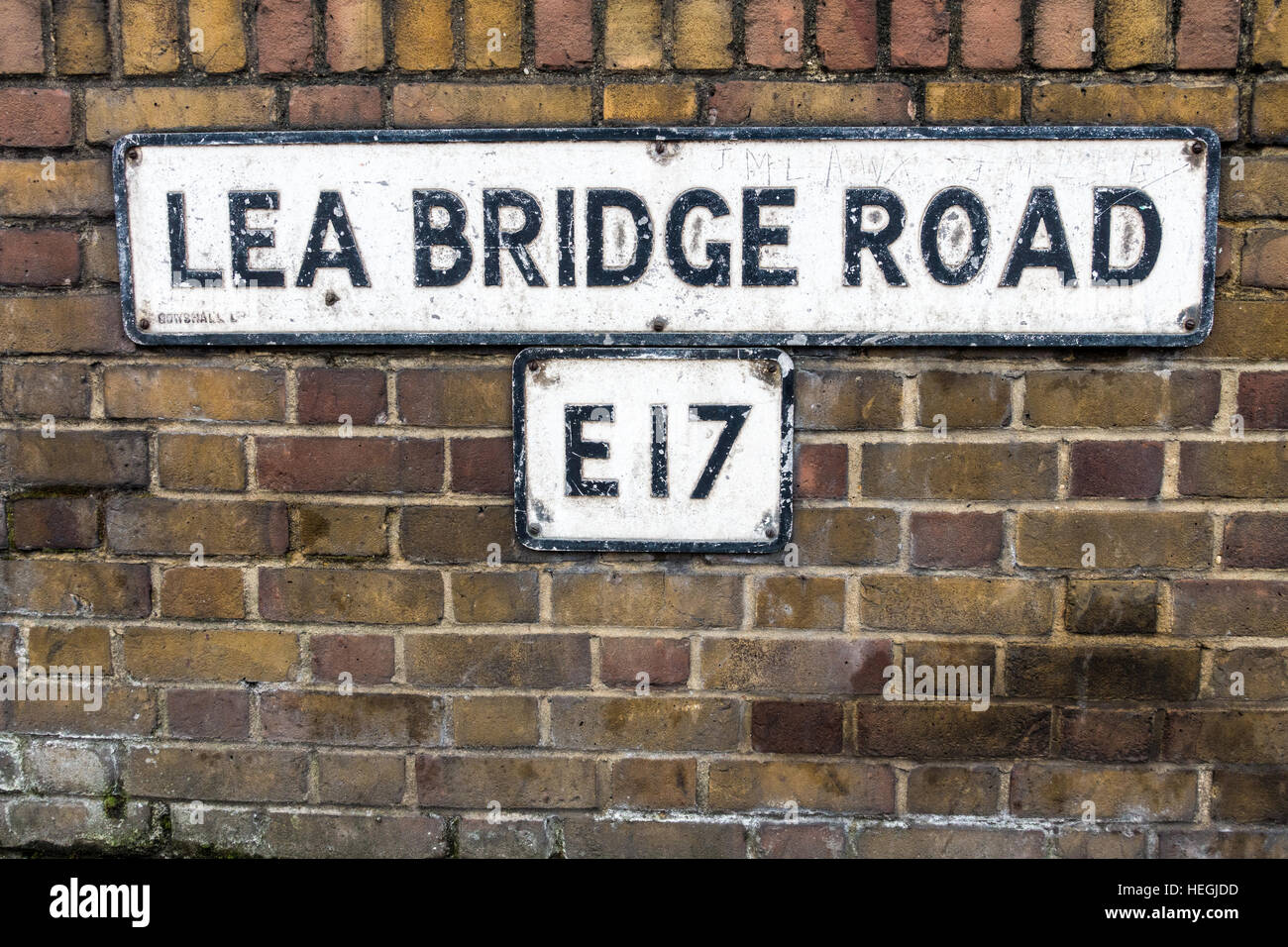 Lea Bridge Road street sign in E17, East London. Sign was made by Gowshall Ltd. Stock Photo