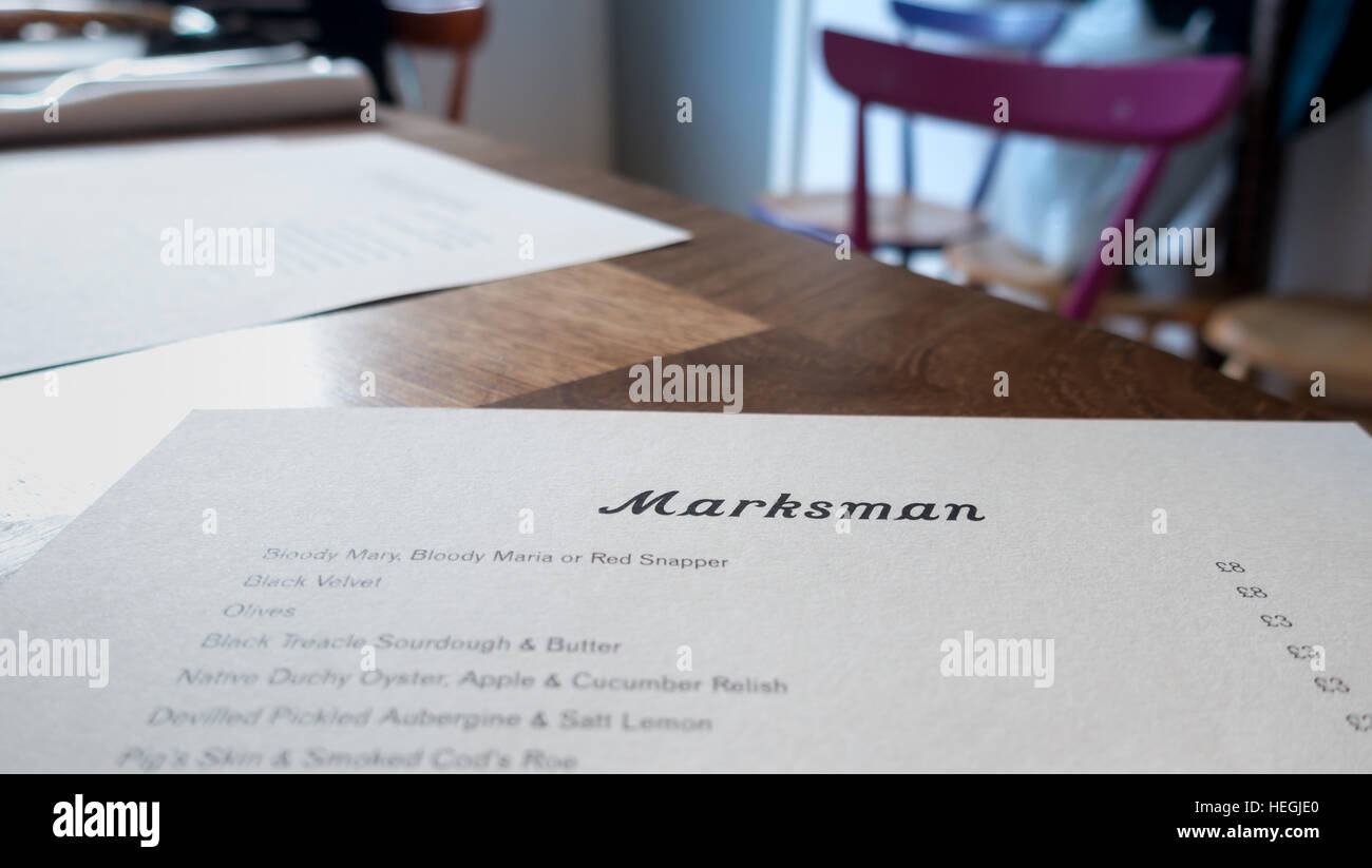 Menu of the renowned Marksman Pub in Hackney Road, London E2 Stock