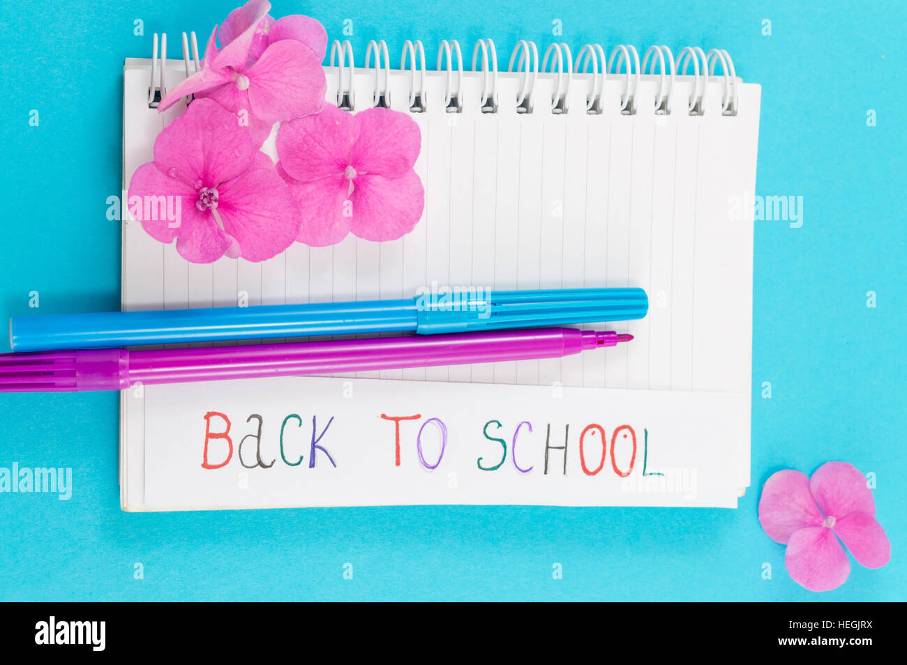 Color pens on top of notebook and back to school note Stock Photo