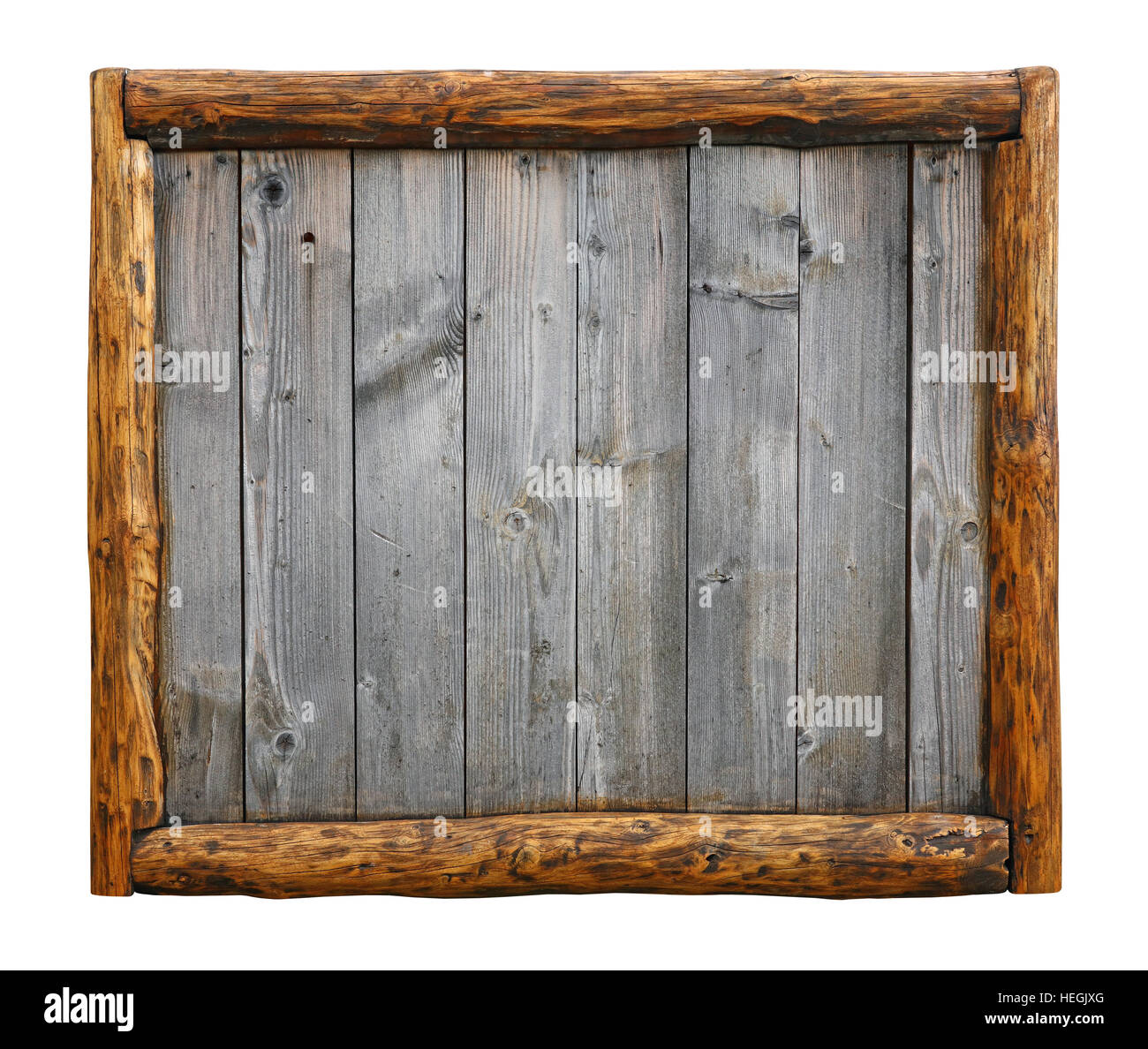 Old vintage wooden grunge gray aged rustic planks bulletin board panel with  wood log border frame, copy space in middle, isolated on white Stock Photo  - Alamy