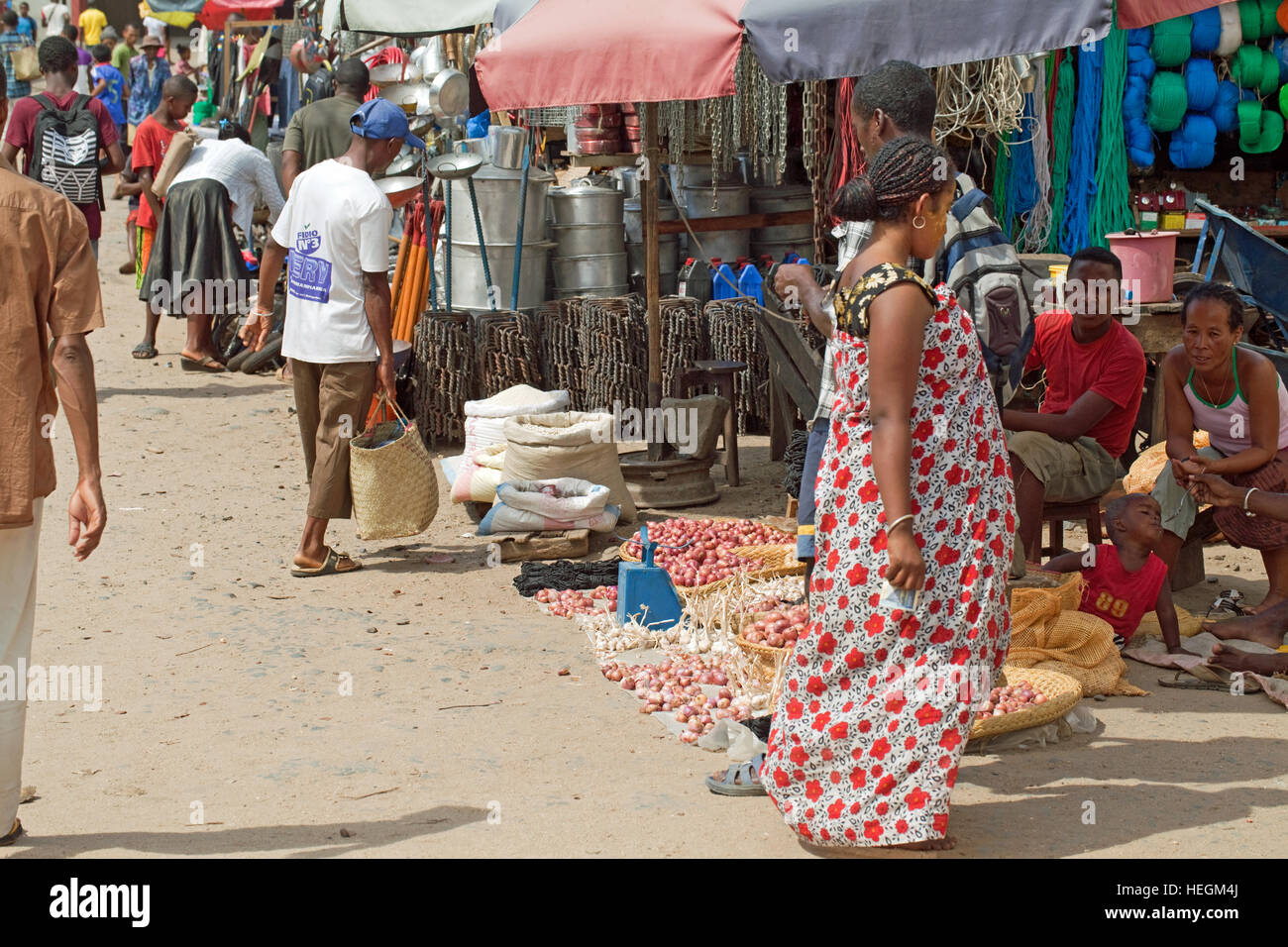 Busy Roadside Market Stalls. Sambava. Northeast Madagascar. Stock Photo