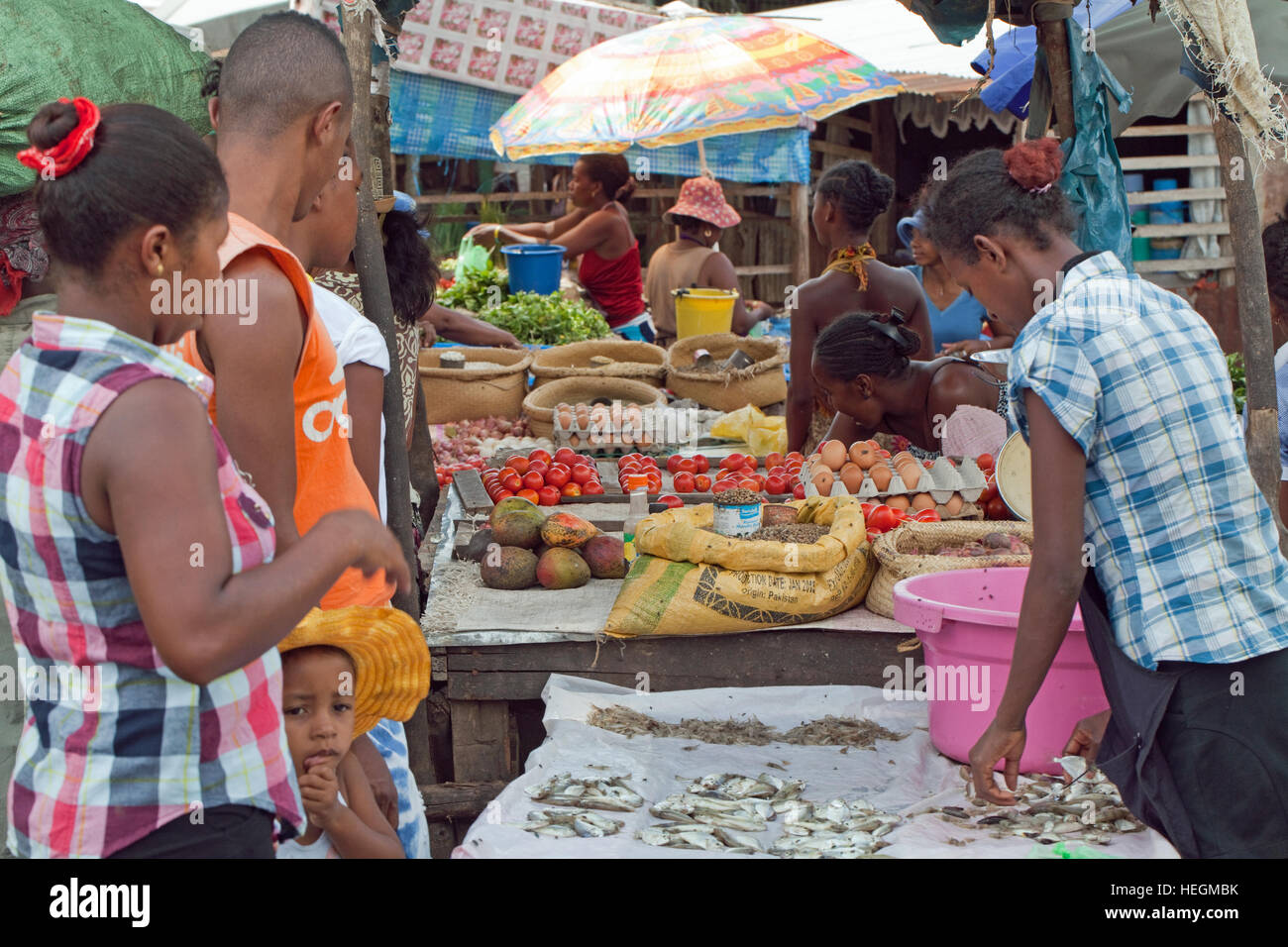 Food stalls. Roadside Market. Sambava. Northeast coast. Madagascar. Stock Photo