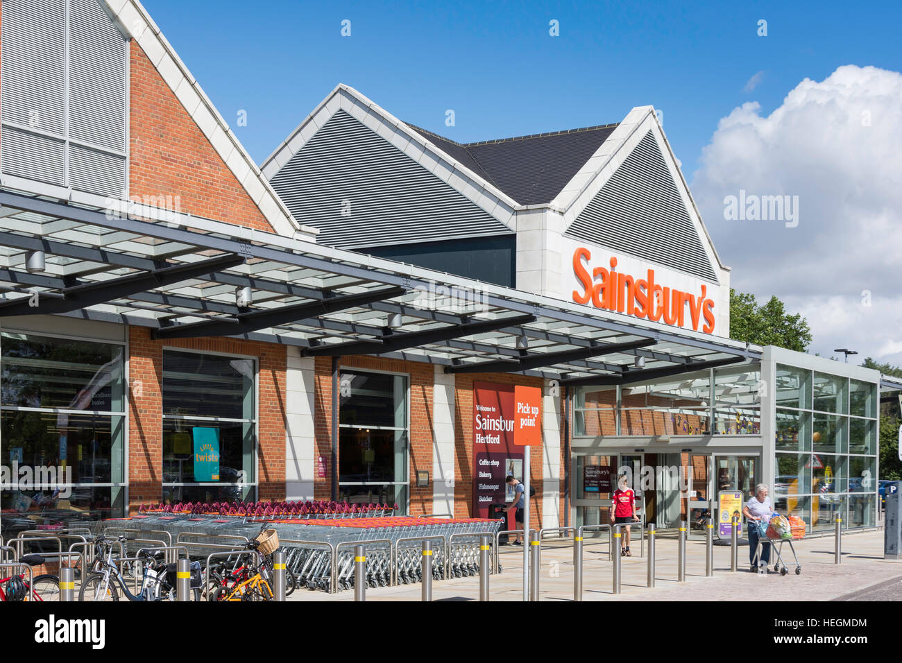 Entrance to Sainsbury's Supermarket, Hartham Lane, Hertford, Hertfordshire, England, United Kingdom Stock Photo