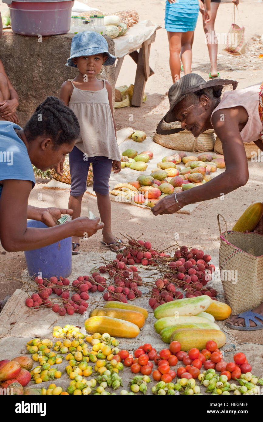 Fruit and Vegetables. Roadside Market. Sambava. Northeast coast. Madagascar. Stock Photo