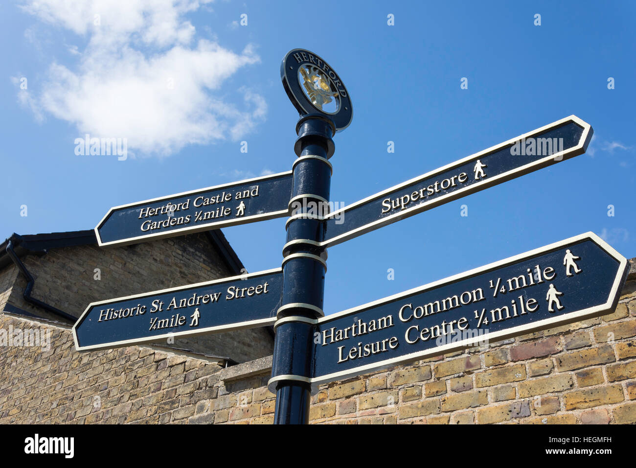 Signpost to attractions, Hartham Lane, Hertford, Hertfordshire, England, United Kingdom Stock Photo