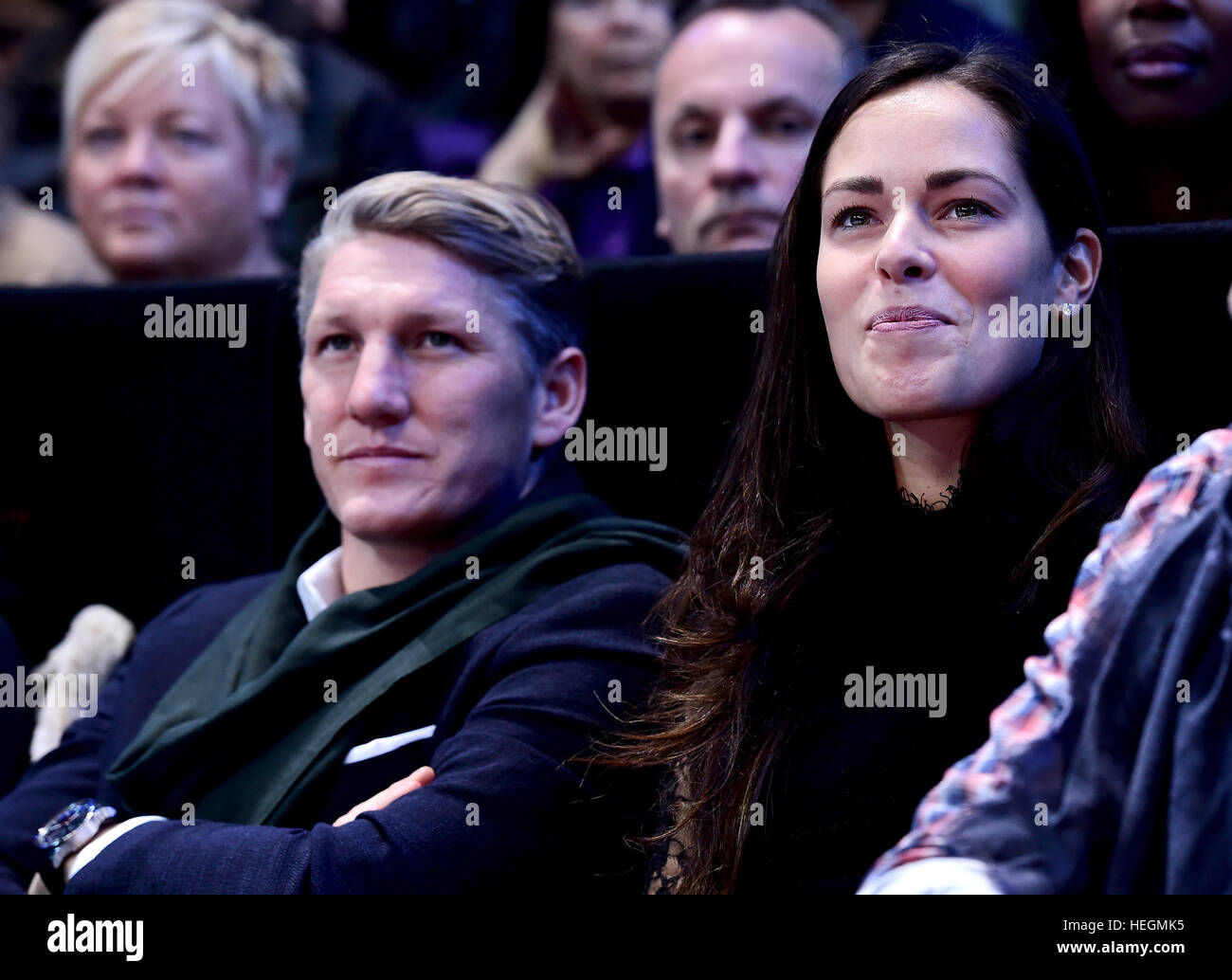 Bastian Schweinsteiger and Ana Ivanovic watching the Singles Final of the Barclays ATP World Tour Finals, between Novak Djokovic of Serbia and Andy Murray of Great Britain, at the O2 Arena in London.  Featuring: Bastian Schweinsteiger, Ana Ivanovic Where: Stock Photo