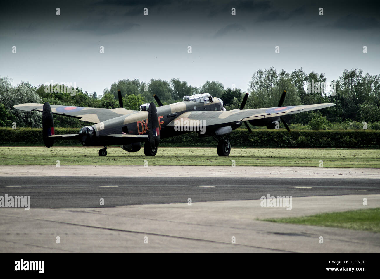 Avro Lancaster Bomber Just Jayne taxiing on the runway. Stock Photo