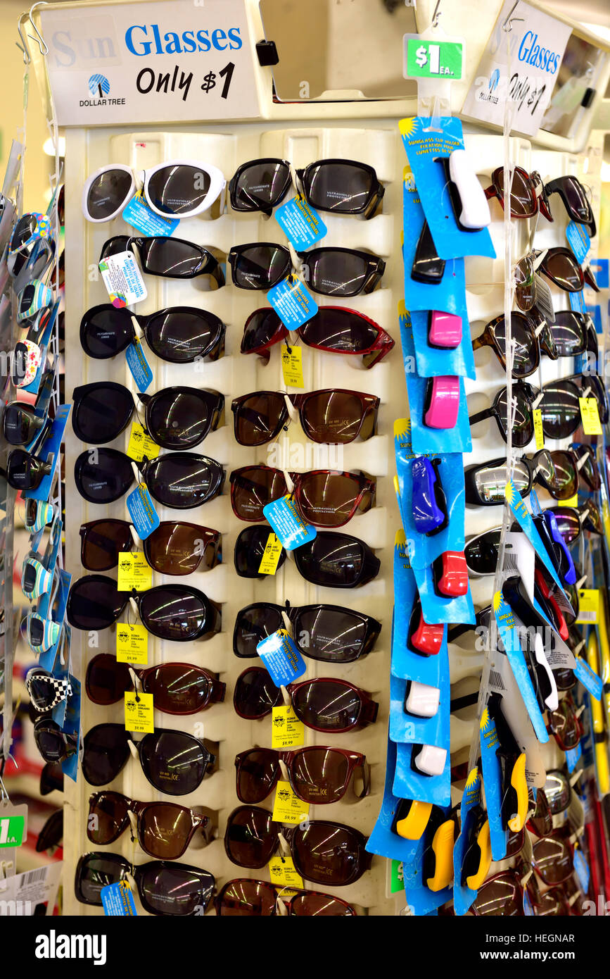 Rack of cheap sunglasses in Goodwill store, Arizona, USA Stock Photo