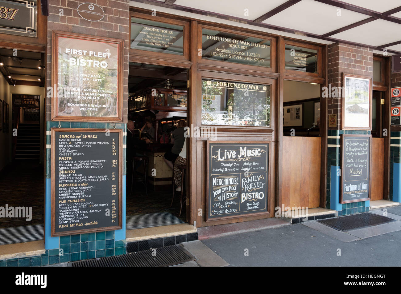 Close view of the Fortune of War pub, the rocks Sydney New South Wales Australia, the Oldest pub in Sydney. Stock Photo