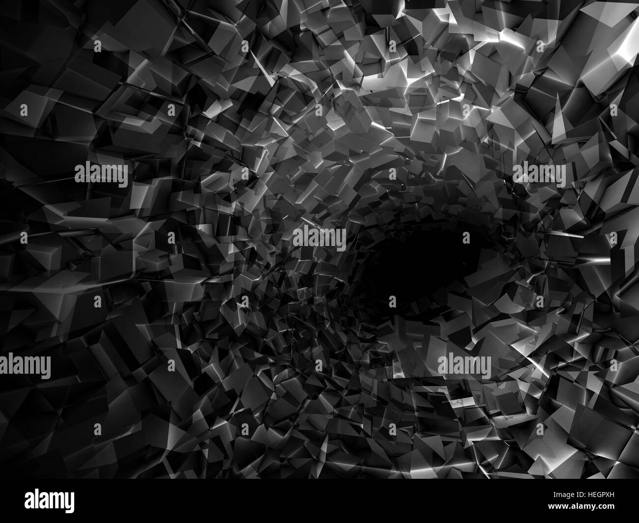 Abstract digital background, black tunnel interior with dark end and walls made of technological chaotic blocks, 3d illustration Stock Photo