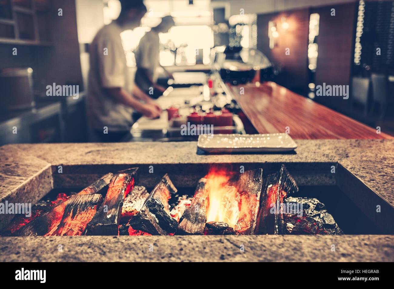Modern restaurant with fireplace Stock Photo
