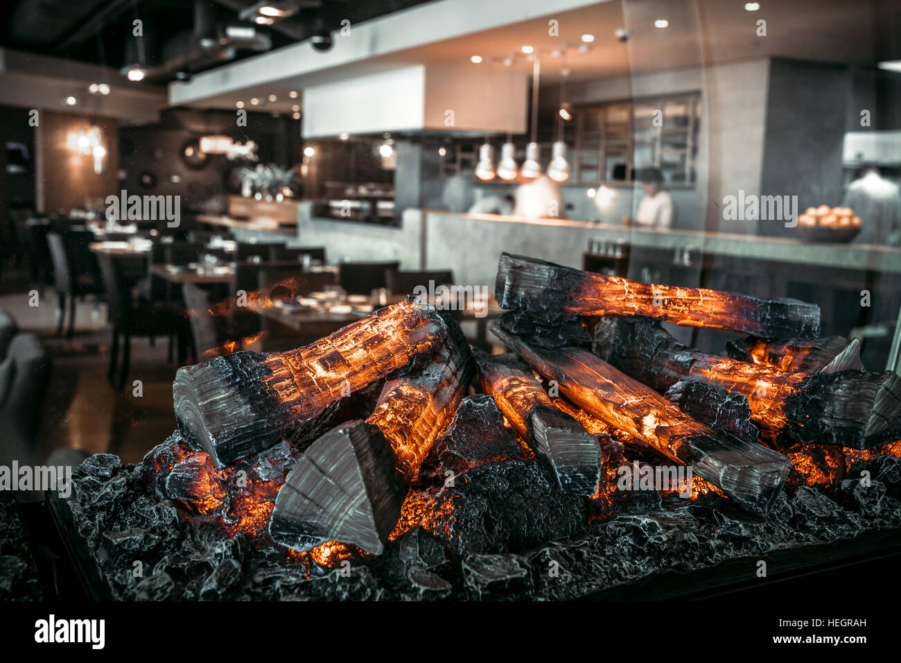 Modern restaurant with fireplace Stock Photo