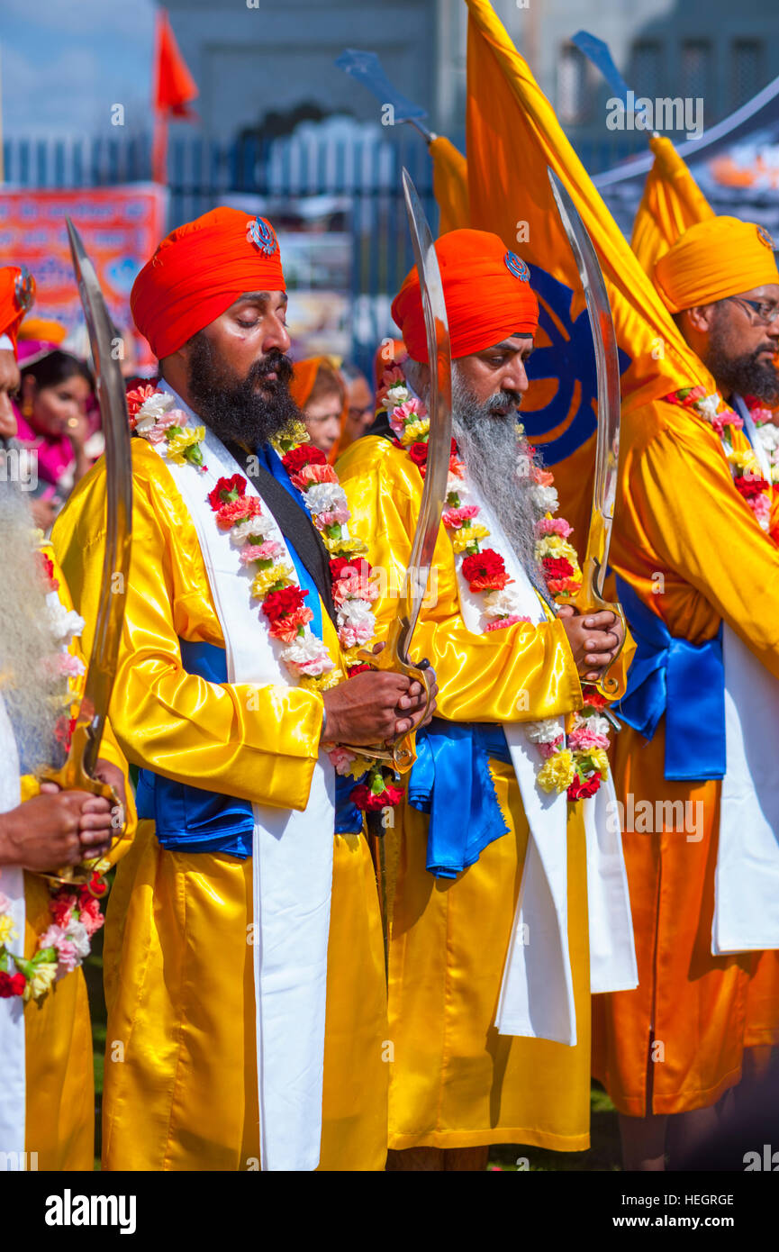 The ceremonial guard outside the Gurdwara in Gravesend Kent. Durung the Veraski celebrations. Stock Photo