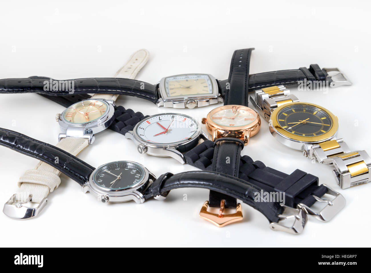 Six different watches shot on a white background Stock Photo