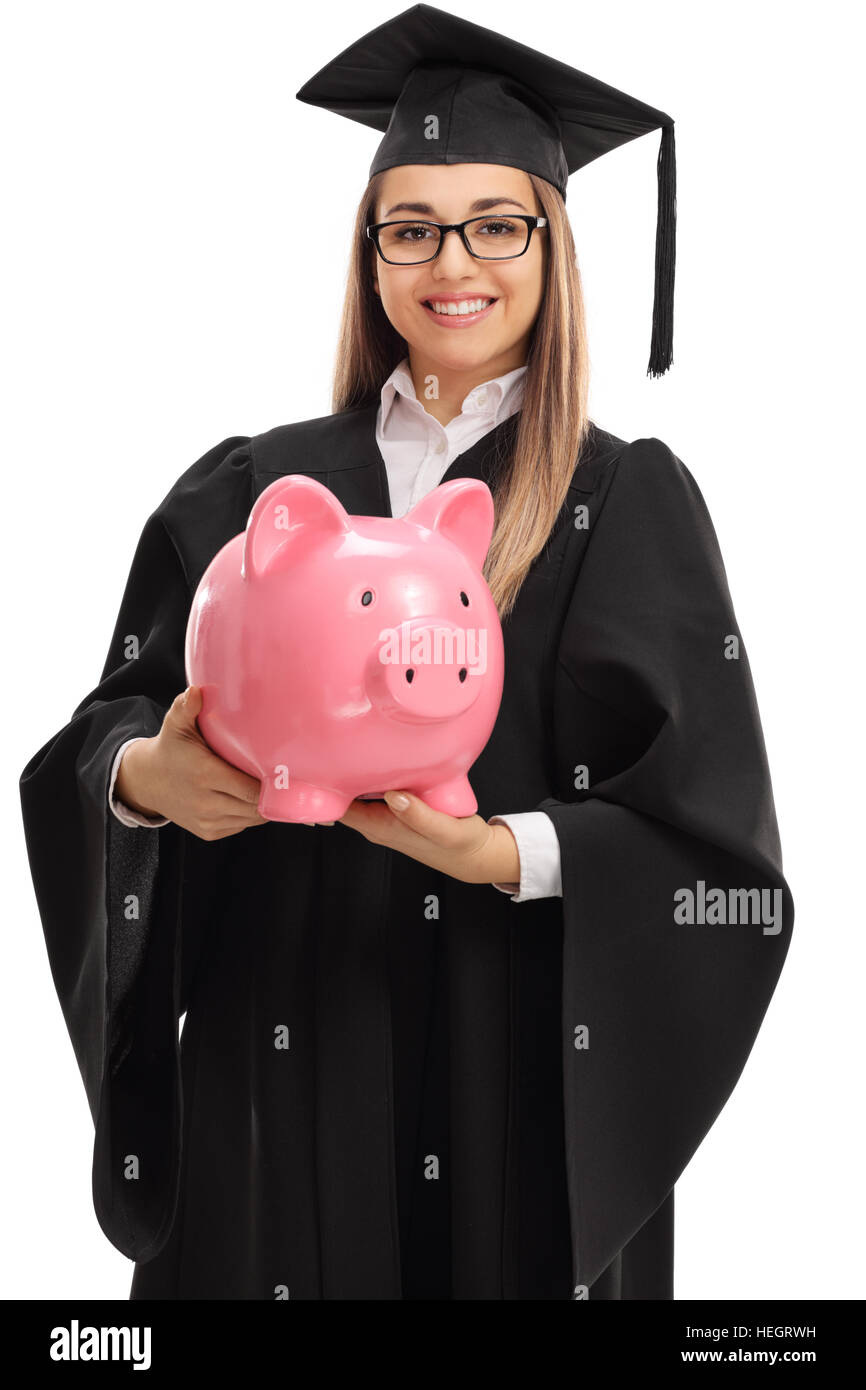 Happy female graduate student with a piggybank isolated on white background Stock Photo