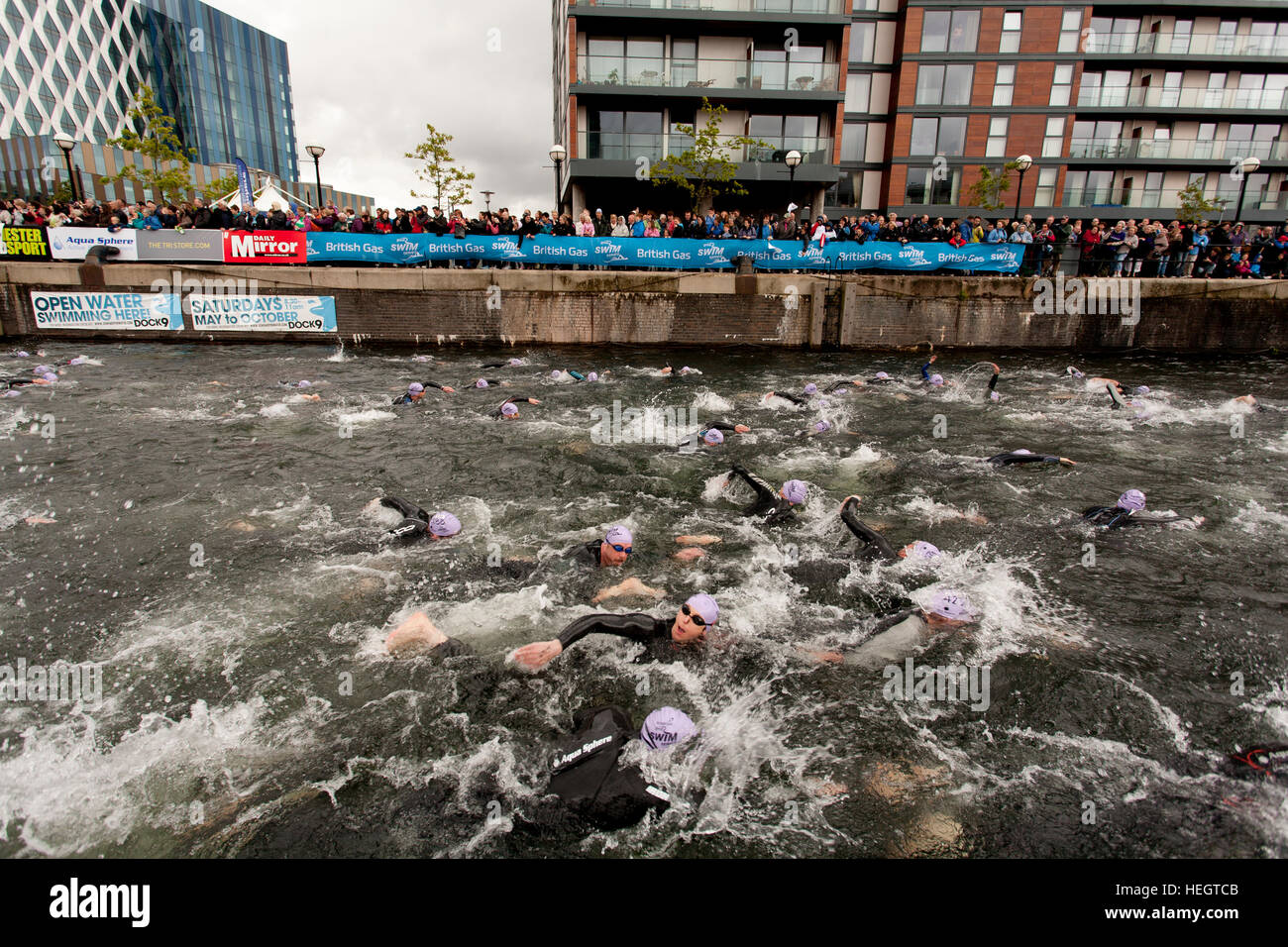 Open water swimming at Salford Quays , Salford Stock Photo