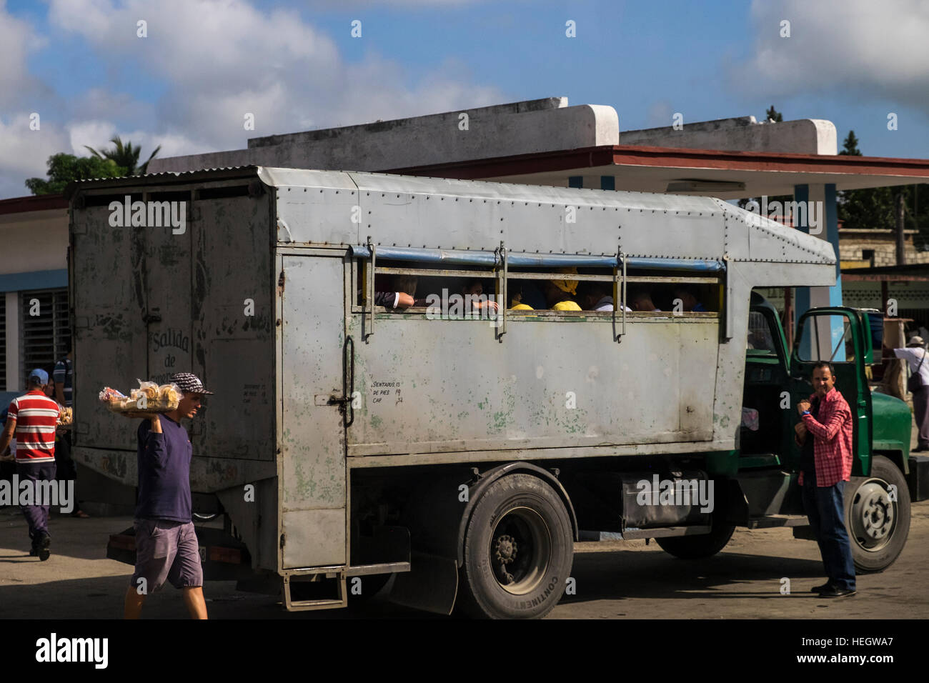 Truck converted as a bus, public transport at a terminal, near Las Tunas, Cuba Stock Photo