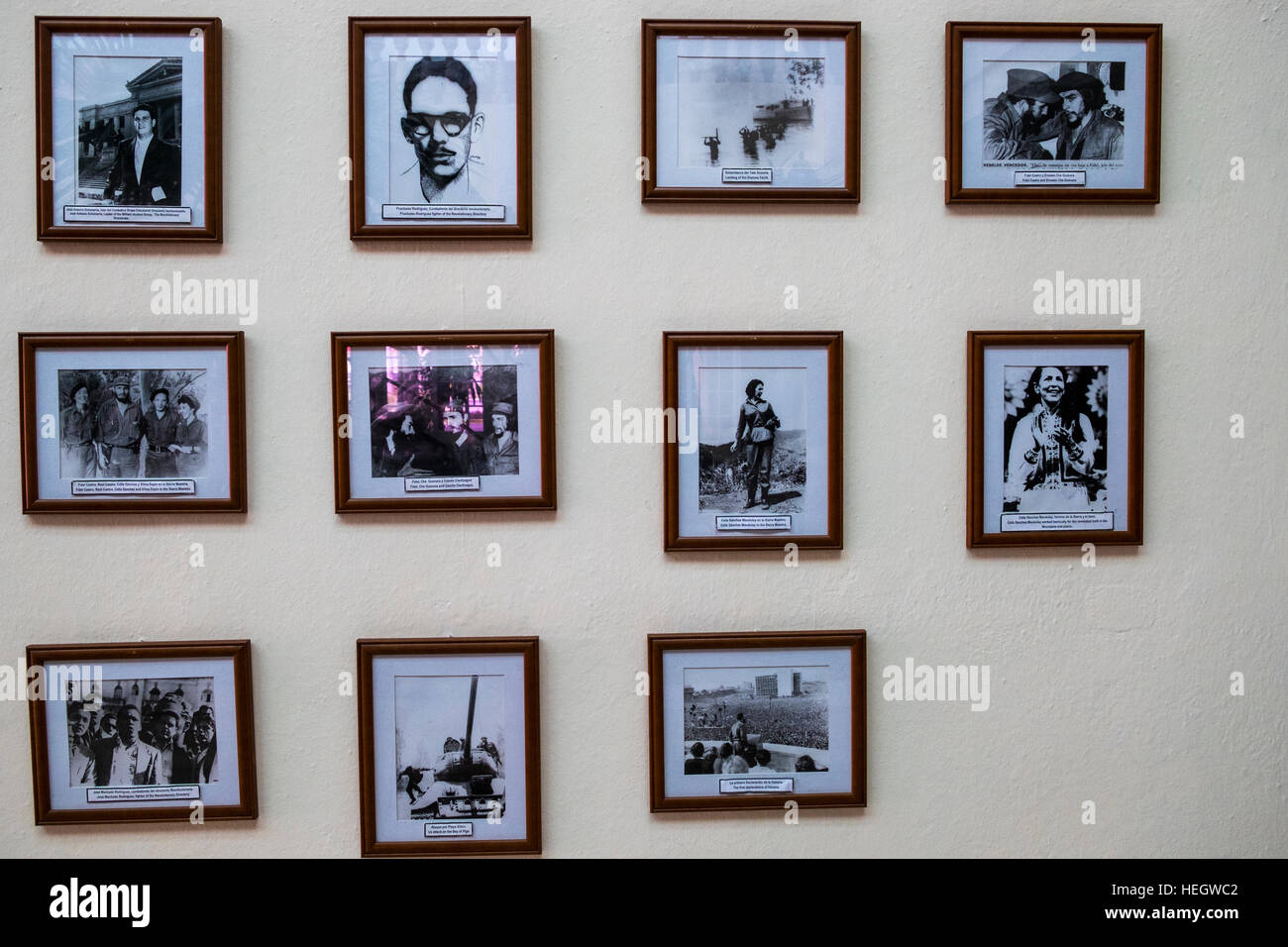 Framed photographs of revolutionary figures, Fidel Castro, Che Guevara, Celia Sanchez, in the  Hotel Islazul, Sierra Maestra, Bayamo, Cuba Stock Photo