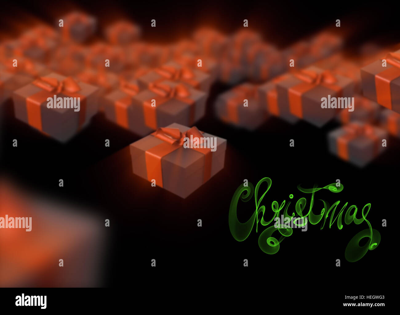 Christmas New Year colorful red and green gift boxes with bows of ribbons flying on black background. 3d illustration and lettering made of fire flame Stock Photo