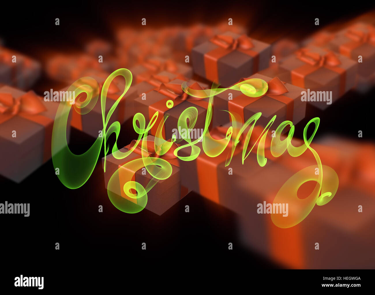 Christmas New Year colorful red and green gift boxes with bows of ribbons flying on black background. 3d illustration and lettering made of fire flame Stock Photo