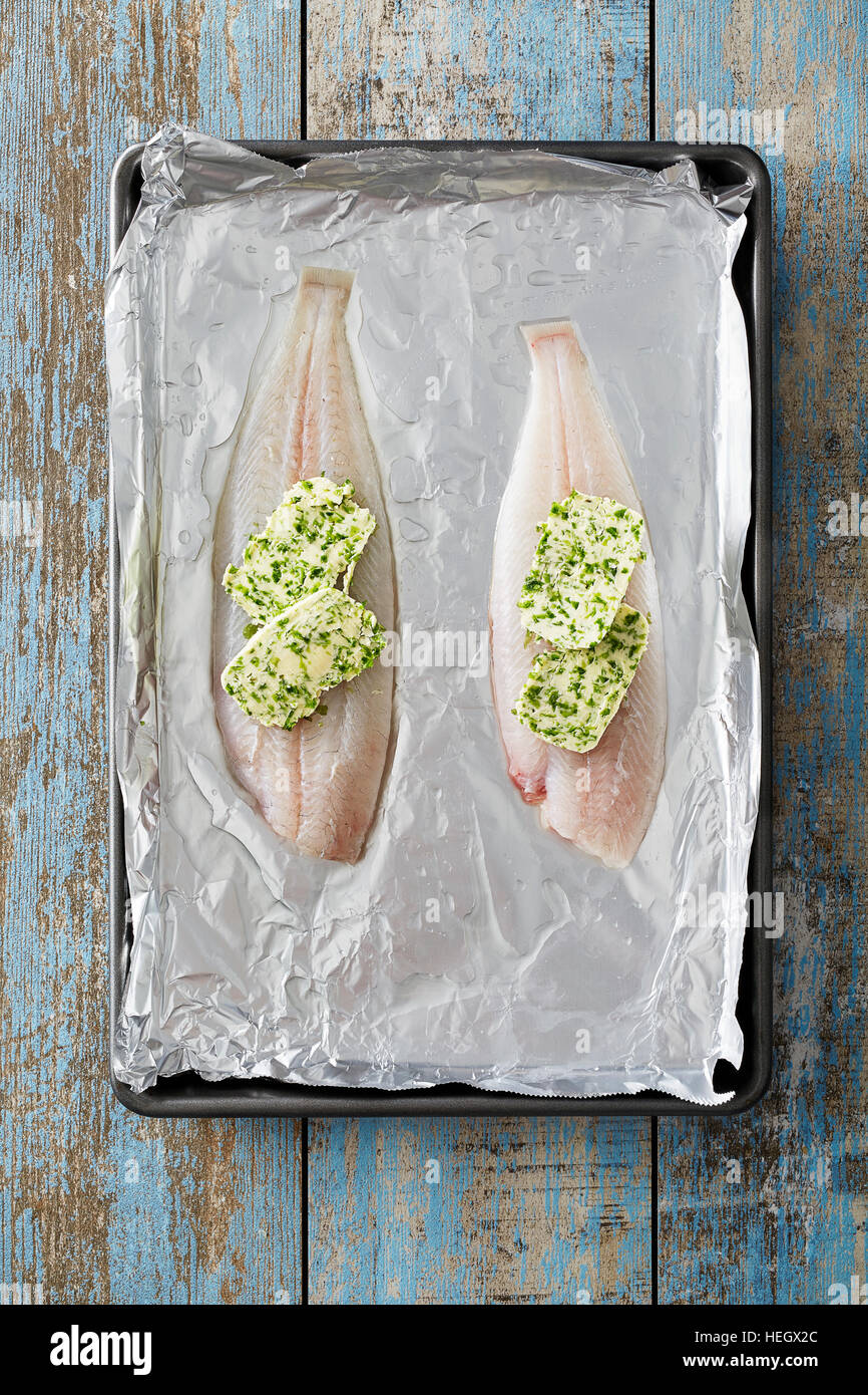 Slip sole 2 fish seafood fillets overhead Stock Photo