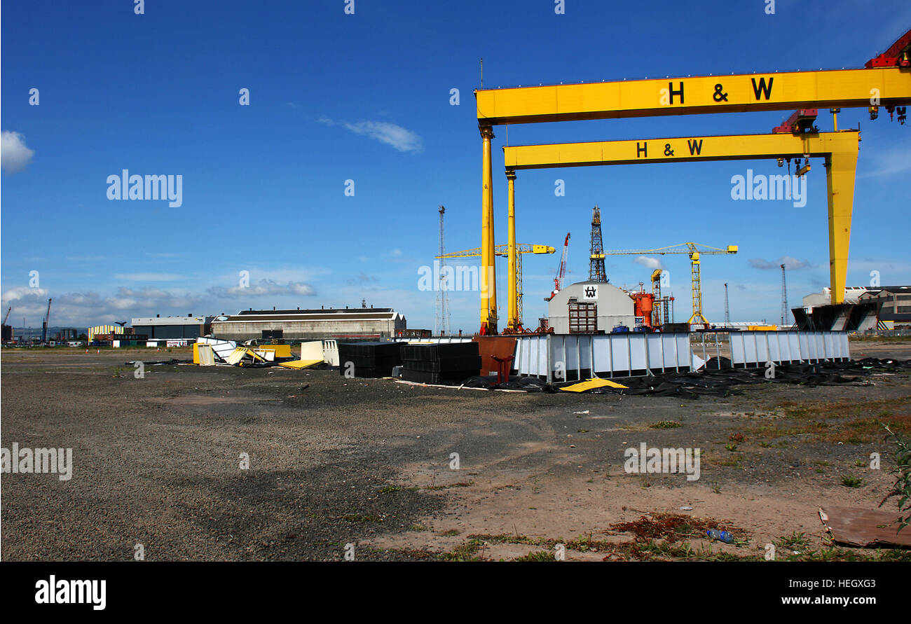 Heavy industrial shipbuilding cranes Sampson and Goliath at harland and Wolff shipyard Belfast. The famous home of SS Titanic Stock Photo