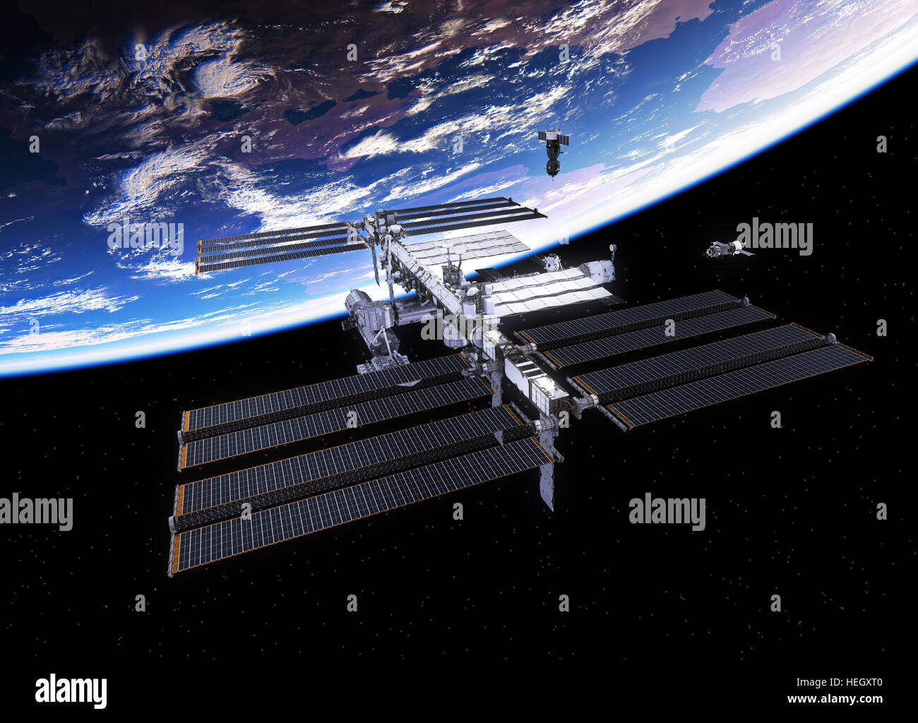 Spacecrafts And International Space Station. 3D Illustration. Stock Photo