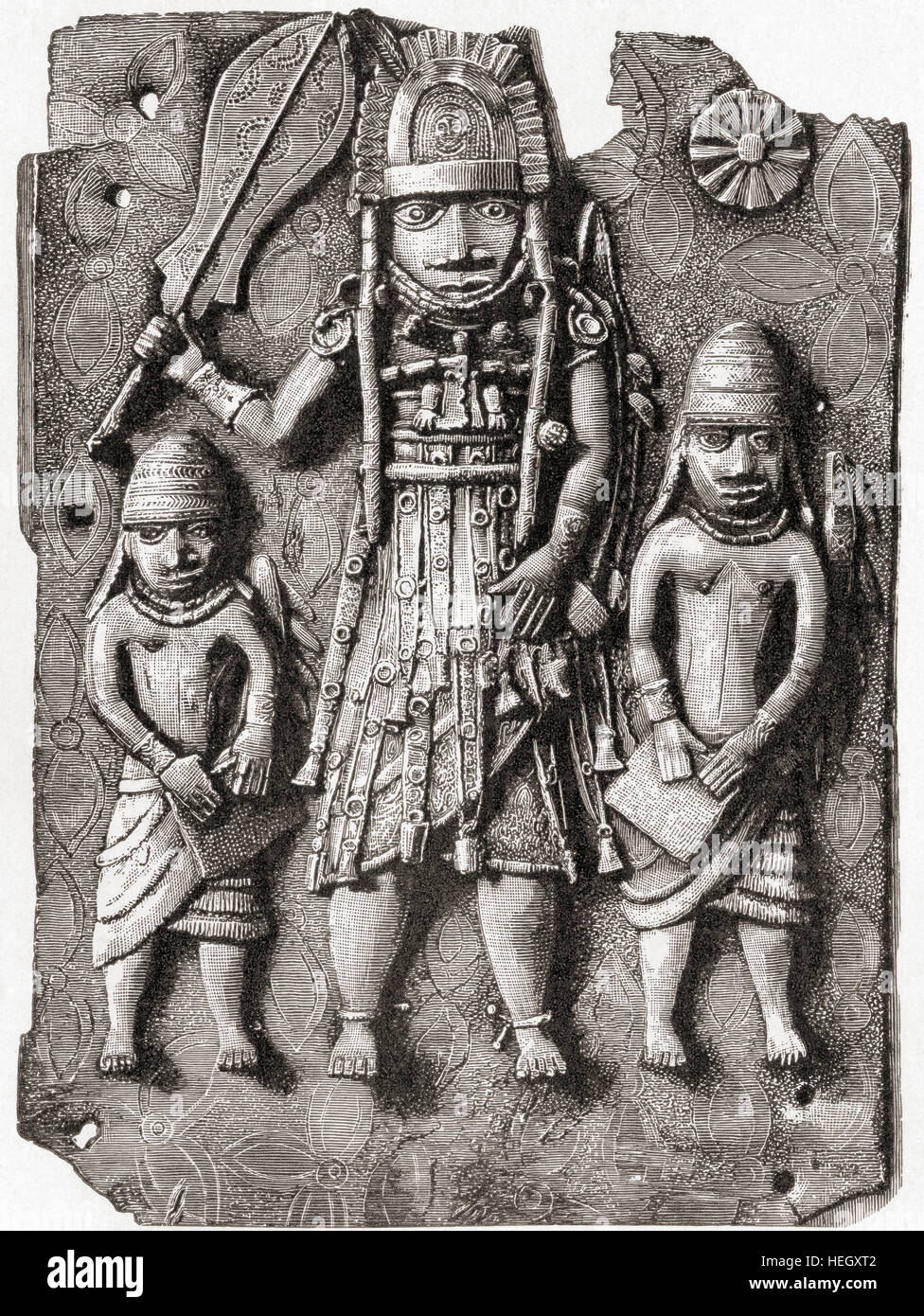 One of the Benin Bronze plaques which originally decorated the royal palace of the Benin Kingdom in modern-day Nigeria.  From Meyers Lexicon, published 1924. Stock Photo