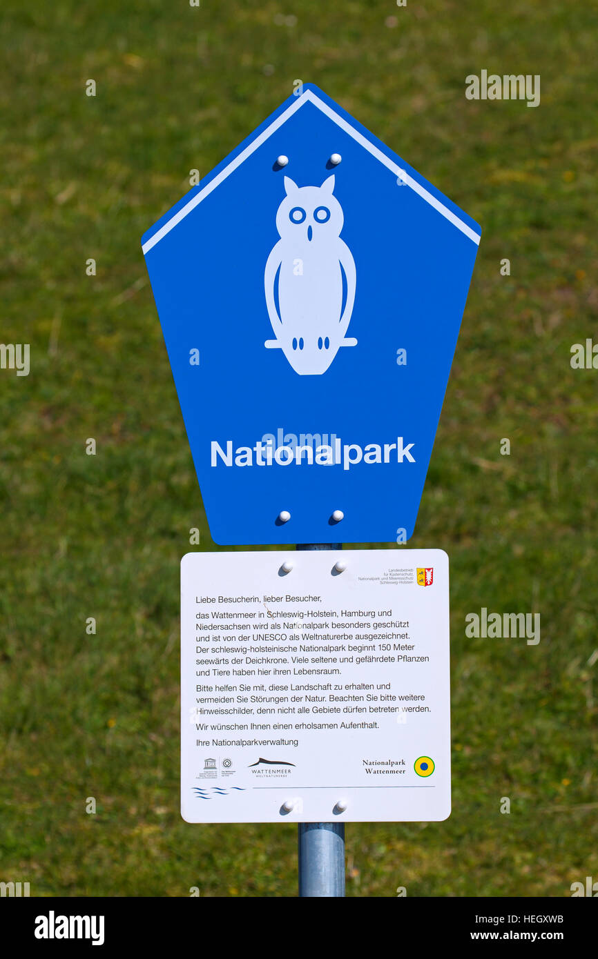 Sign with owl logo of the Schleswig-Holstein Wadden Sea National Park / Nationalpark Schleswig-Holsteinisches Wattenmeer, Germany Stock Photo