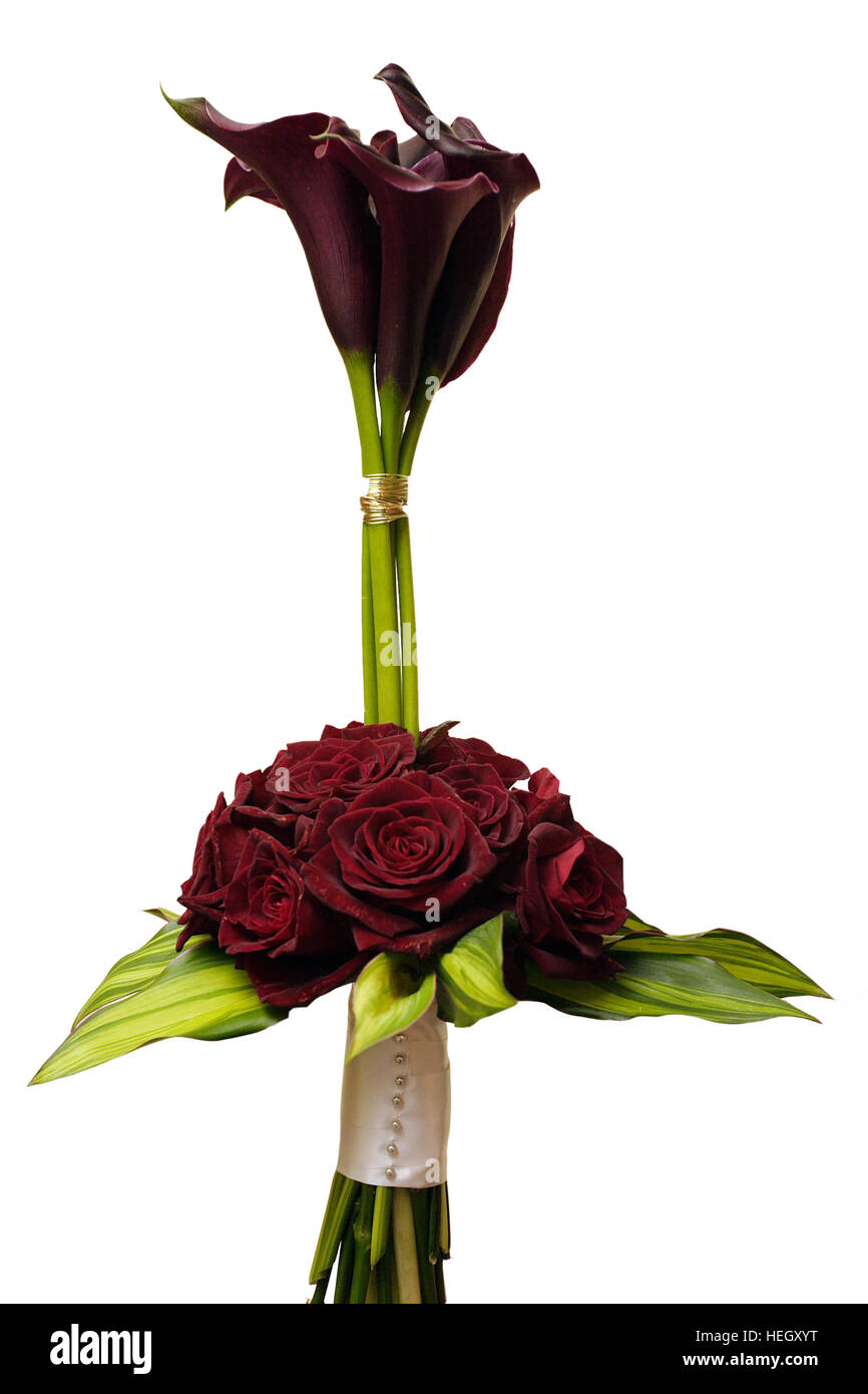 Wedding flowers in an upright stem shape made from deep red roses and