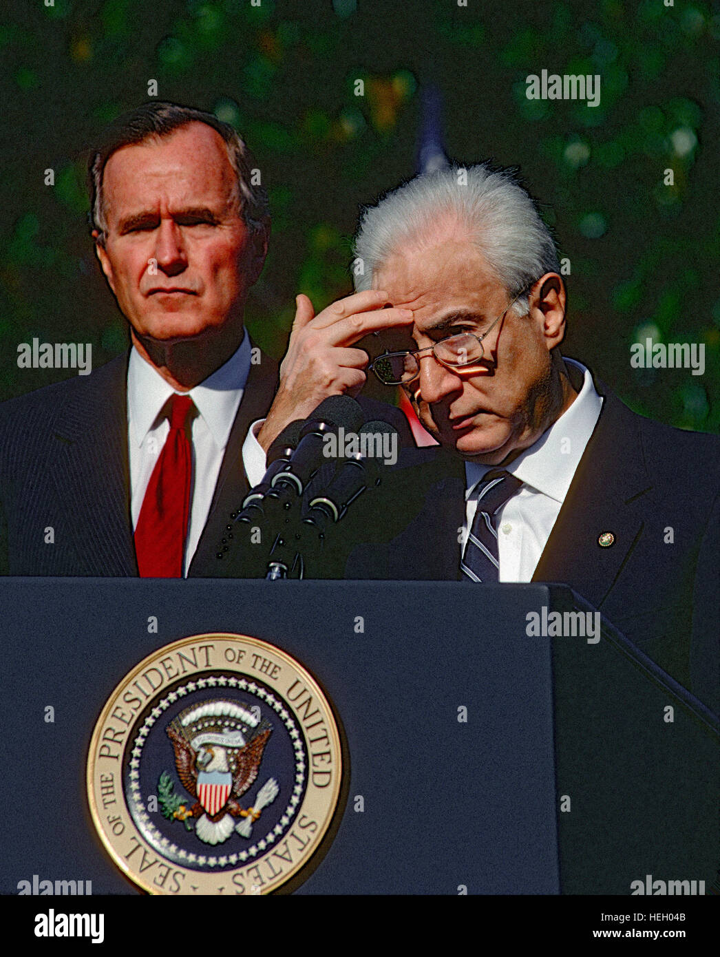 Washington, DC., USA, 11th October, 1989 President George H.W. Bush and President of Italy Francesco Cossiga deliver remarks during official welcoming ceremony at the start of the state visit on the South Lawn of the White House  Credit: Mark Reinstein Stock Photo
