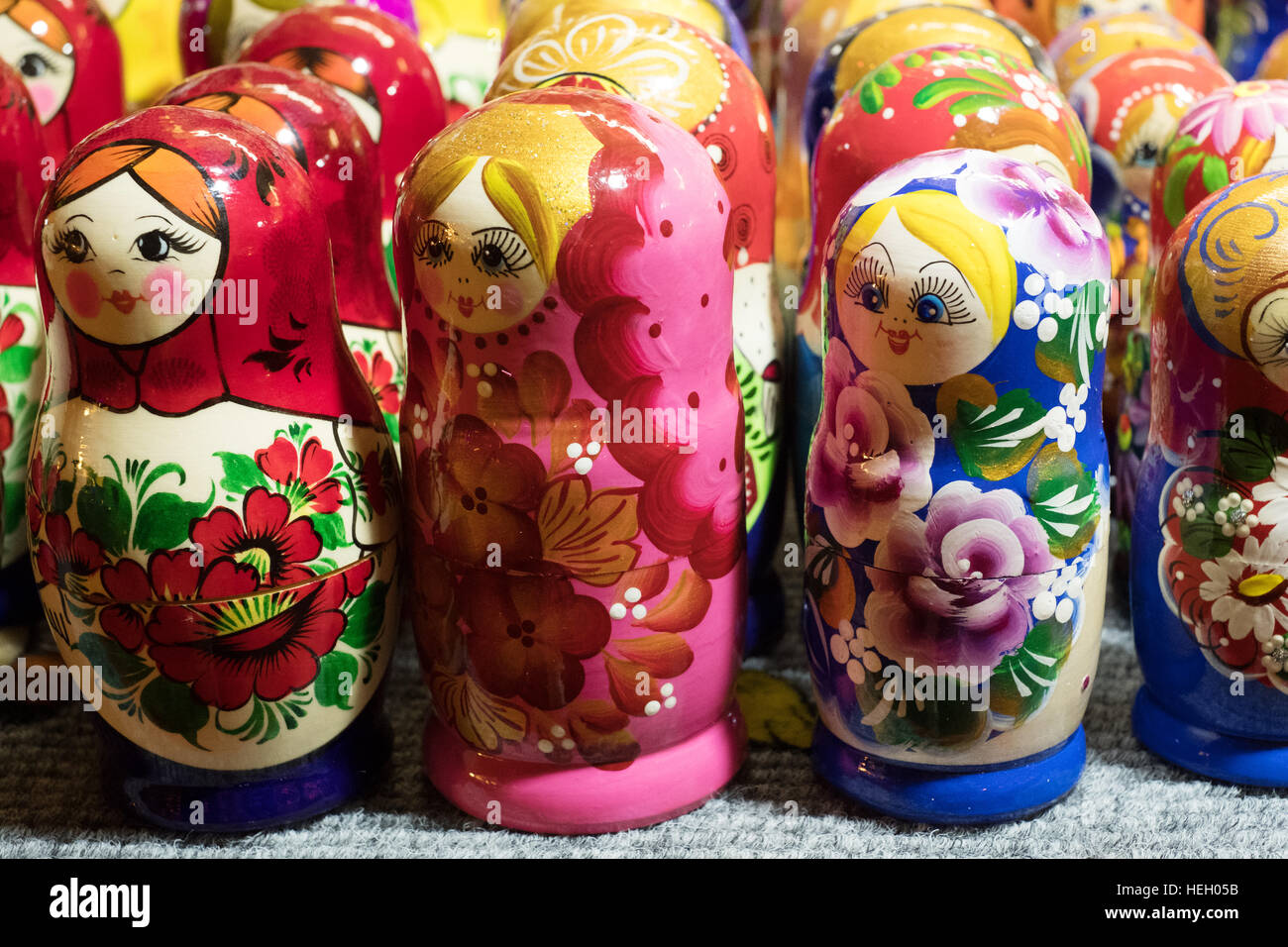Beautiful Colorful Russian Nesting Dolls Matreshka At Market. Matrioshka Is Folks Cultural Symbol Of Russia. Stock Photo