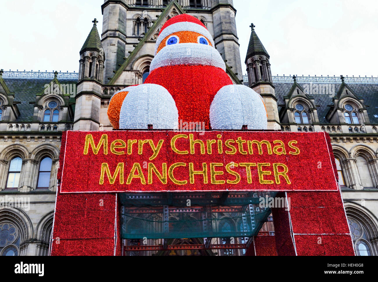 Large Father Christmas & Merry Christmas Manchester sign on Manchester town Hall Stock Photo