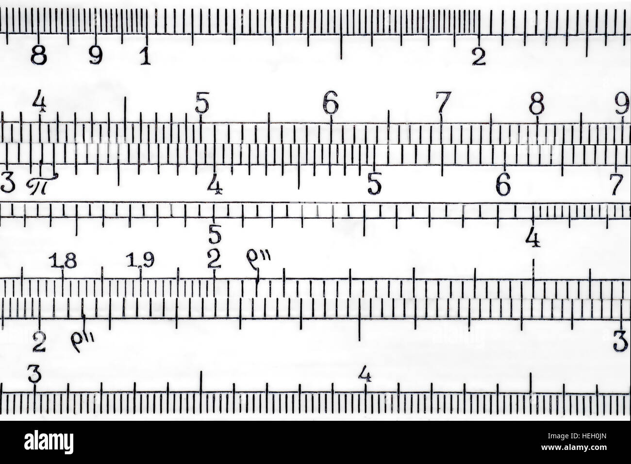 Logarithmic scale of the slide rule extremal close up. Mathematics and