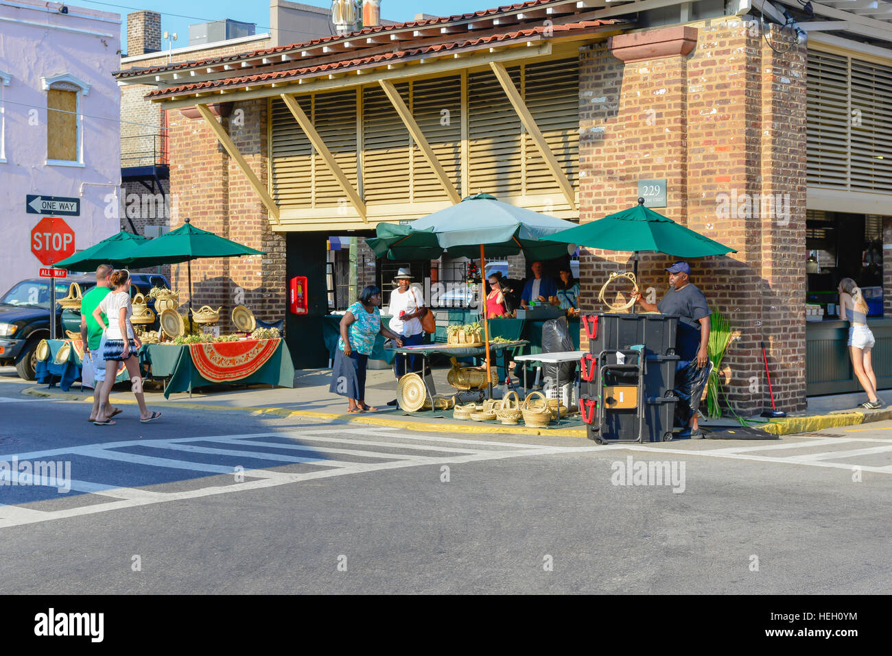 Historic downtown Charleston City Market building with Seagrass vendors