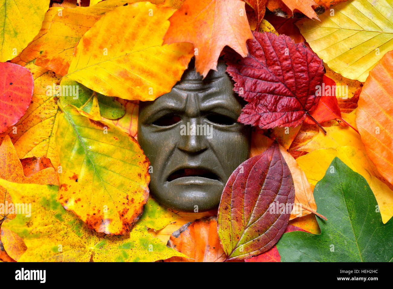 Schmerzverzerrte Maske im Herbstlaub, Symbolfoto Herbstdepression Stock Photo