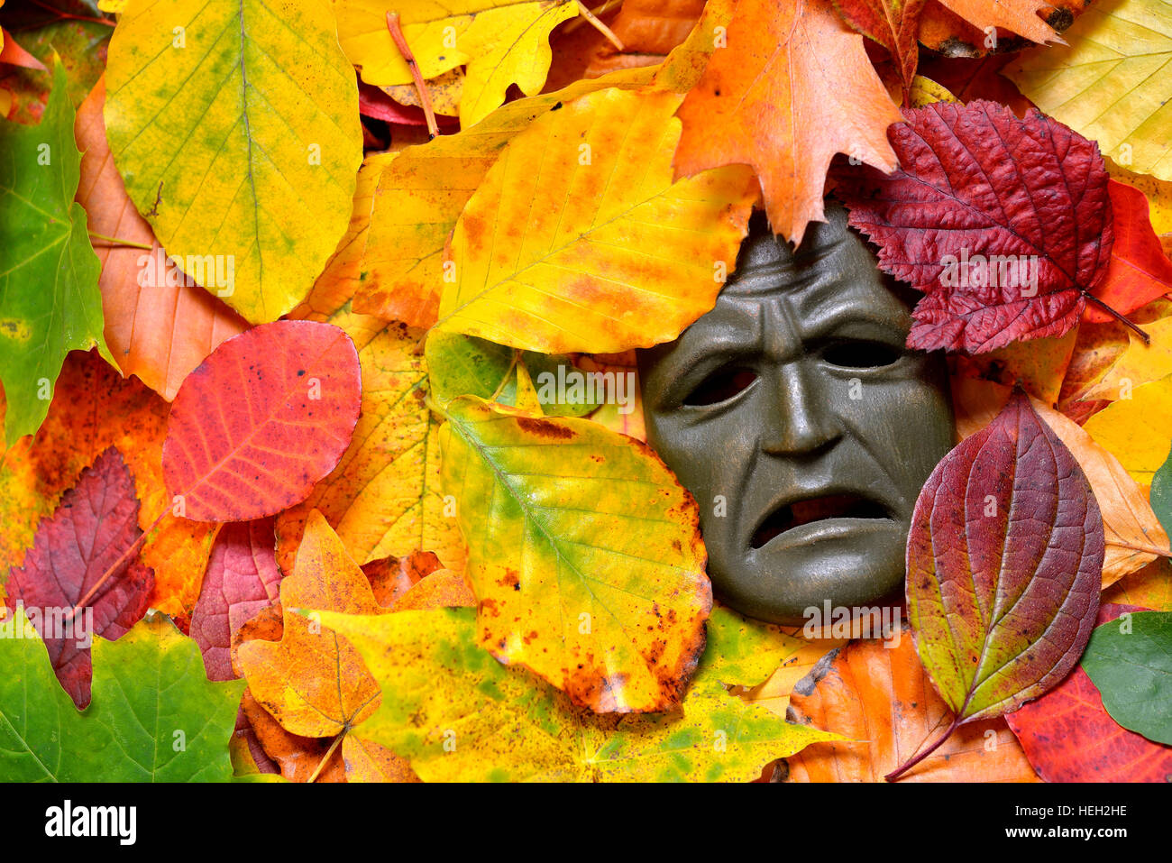 Schmerzverzerrte Maske im Herbstlaub, Symbolfoto Herbstdepression Stock Photo