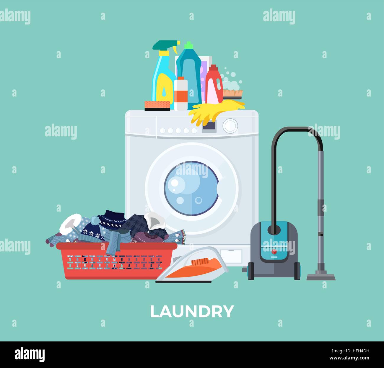 Laundry washing machine, vacuum and detergents. Laundry and laundry basket, washing machine, washing and laundry service, Stock Vector