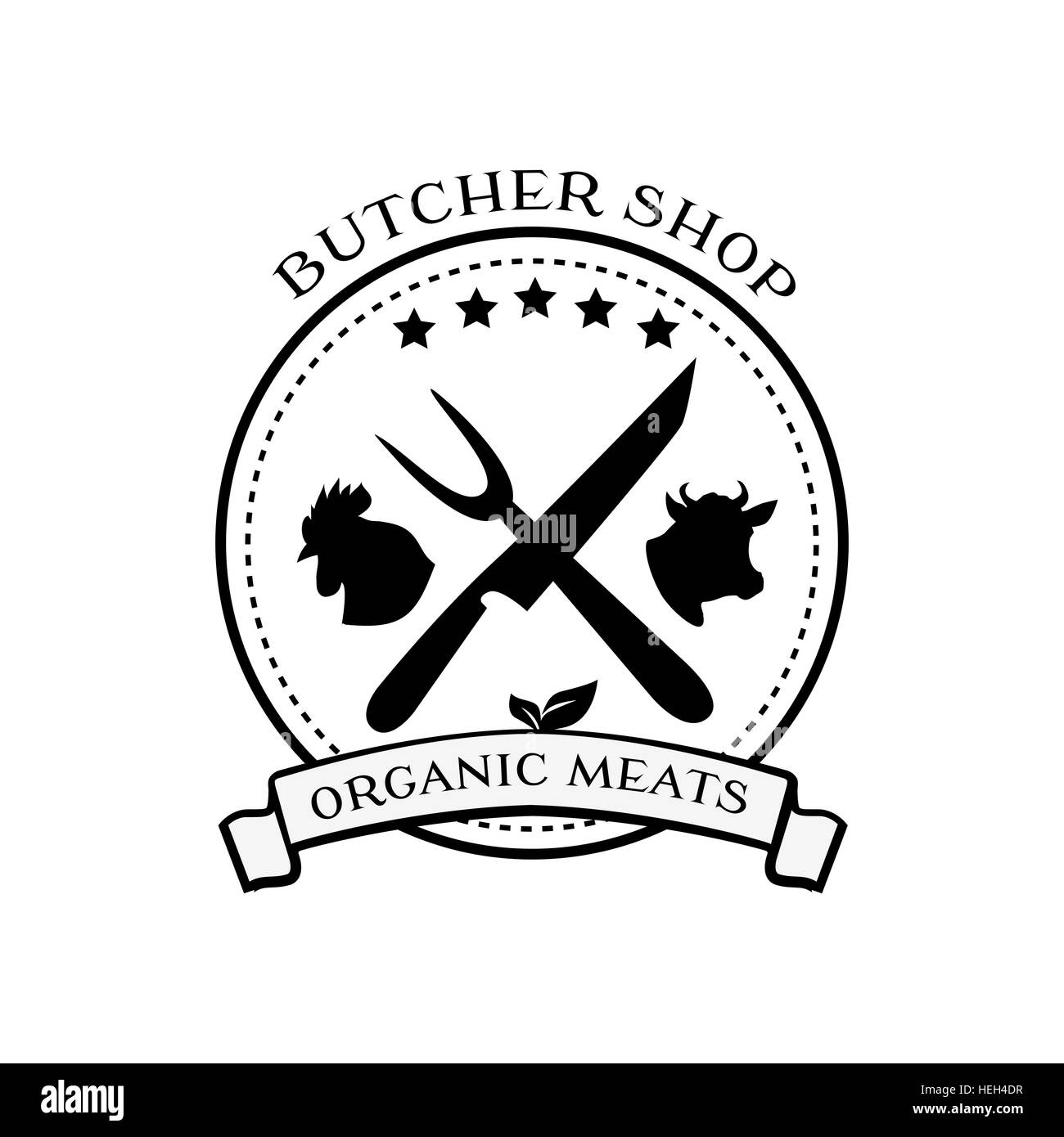 Butcher shop logo design elements, labels and badges in vintage style. Butcher shop logo, meat label template. Idea of logo for Stock Vector