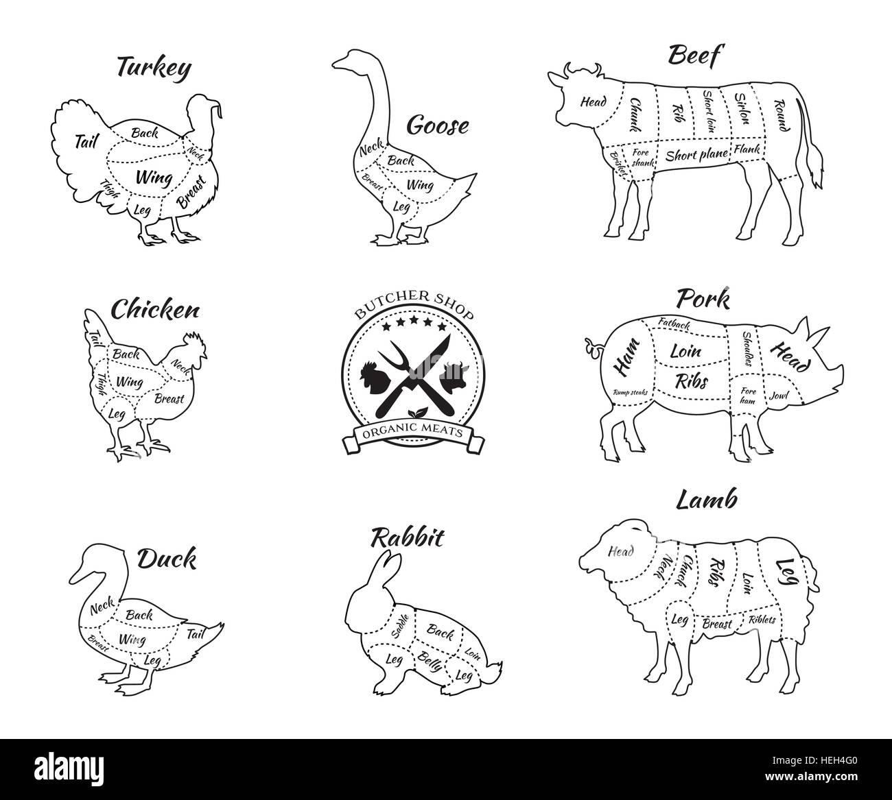 Set a schematic view of animals for butcher shop. Cow and pork, cattle and pig, chicken and lamb, beef and rabbit, duck and Stock Vector
