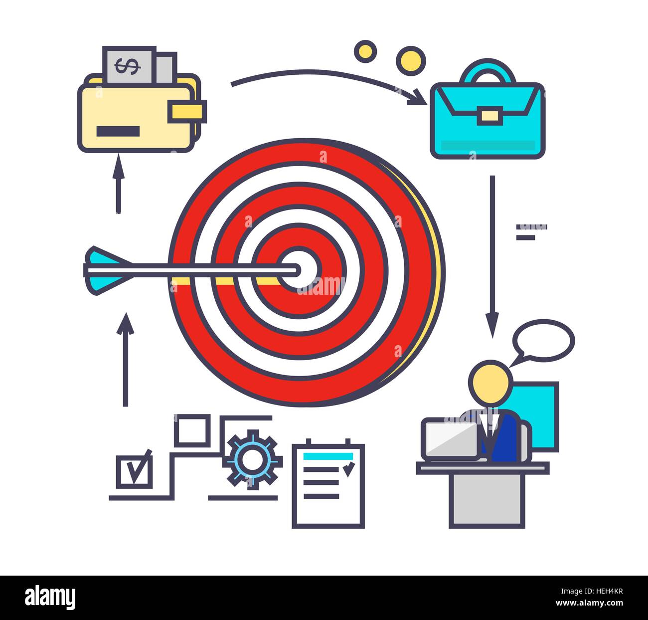 Icon flat style design goal setting. Business strategy, target and management, idea and plan