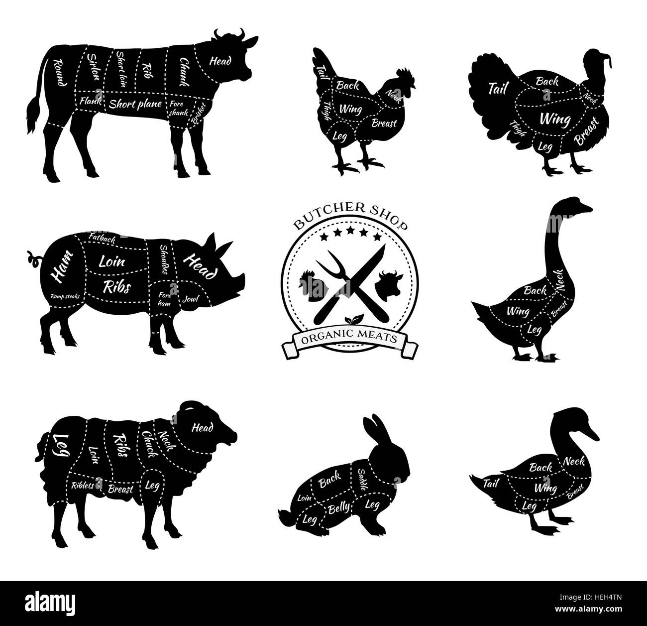Set a schematic view of animals for butcher shop. Cow and pork, cattle and pig, chicken and lamb, beef and rabbit, duck and Stock Vector