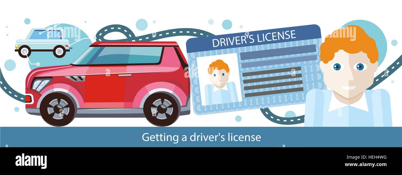 Cartoons Man with Driver License. Cartoons man with driver license modern red car and road. Driver license identification card. Stock Vector