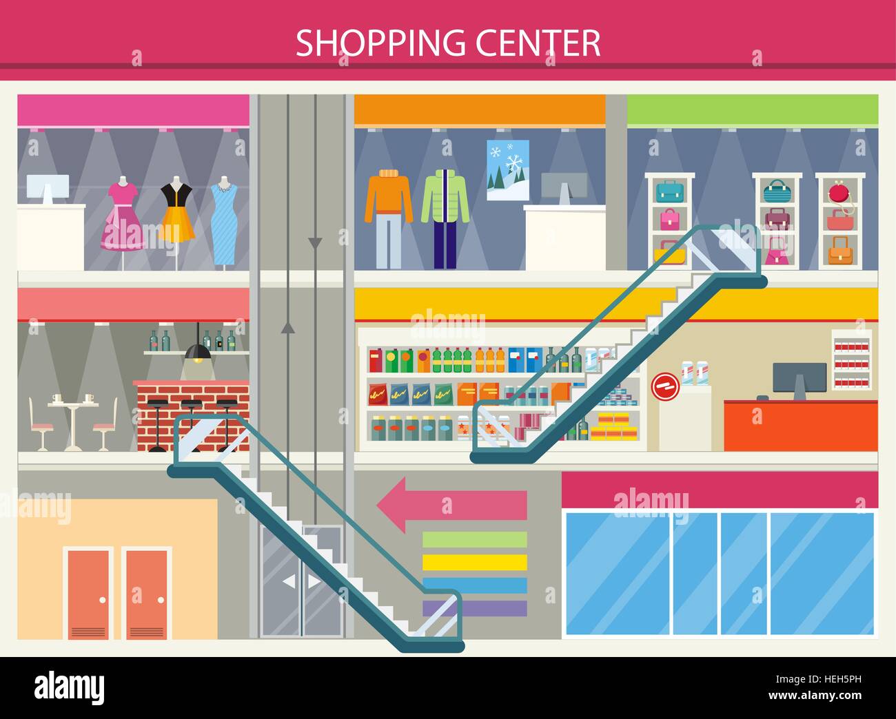 Shopping Center Storefronts Design Flat. Shopping center storefronts ...