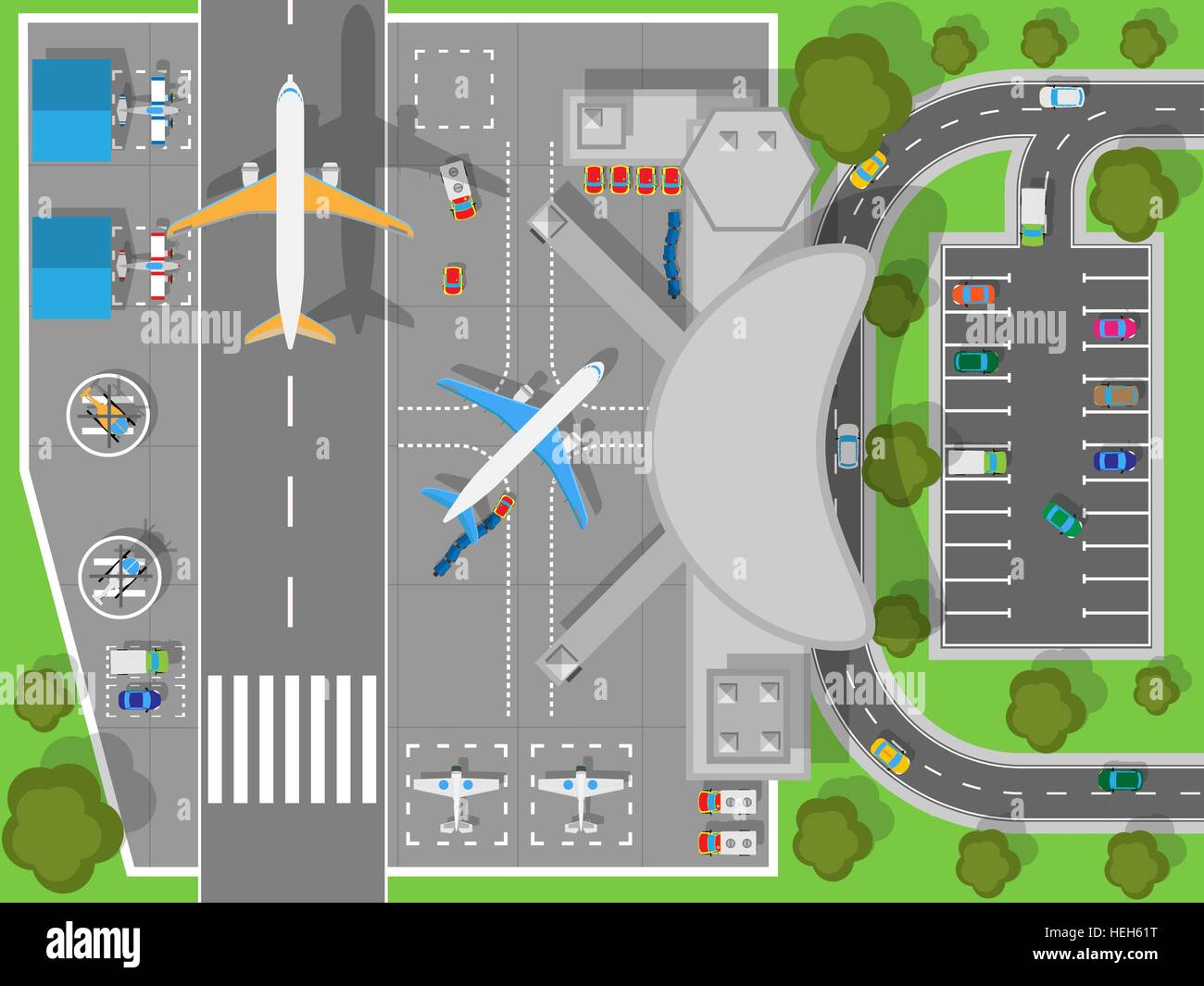 Airport a Top View. Terminal and Aircraft. Airport top view. Terminal aircraft. Infrastructure of a large airport with hangars Stock Vector