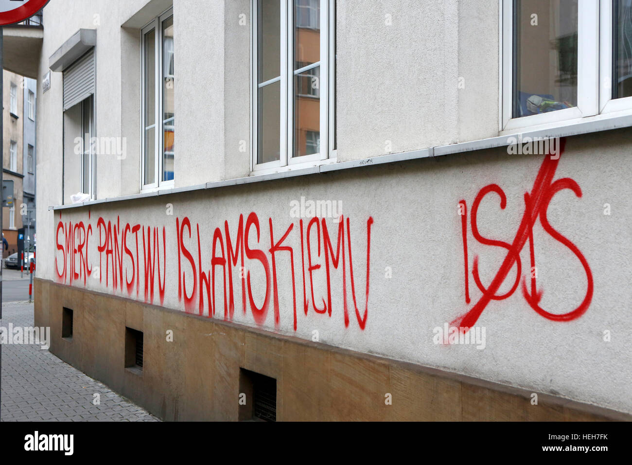KRAKOW, POLAND, NOVEMBER 26, 2015, Graffiti anti Islam and ISIS at Krakow Stock Photo